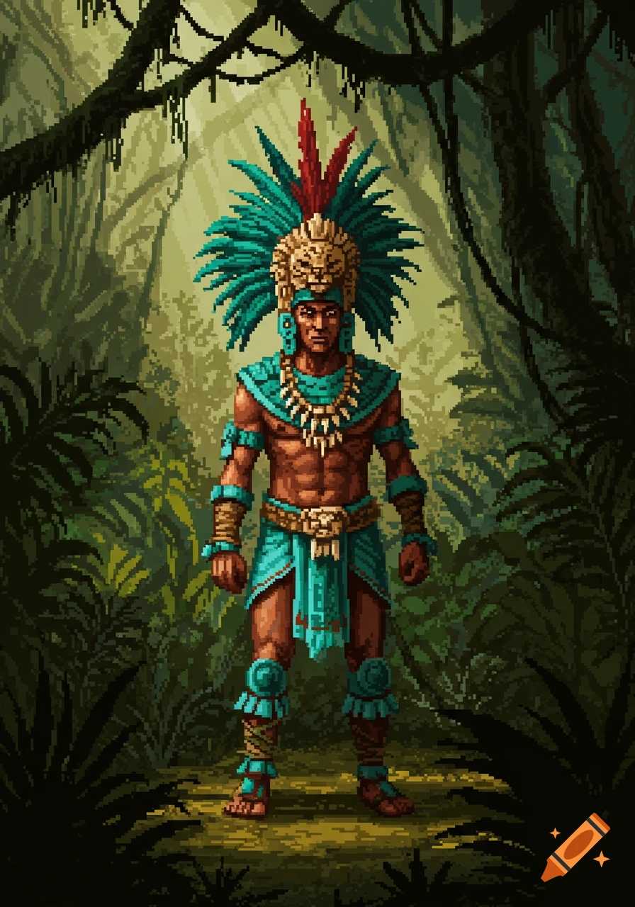 Highly detailed pixel art of an Aztec warrior in teal garments and bone jewelry, standing in a dense jungle.