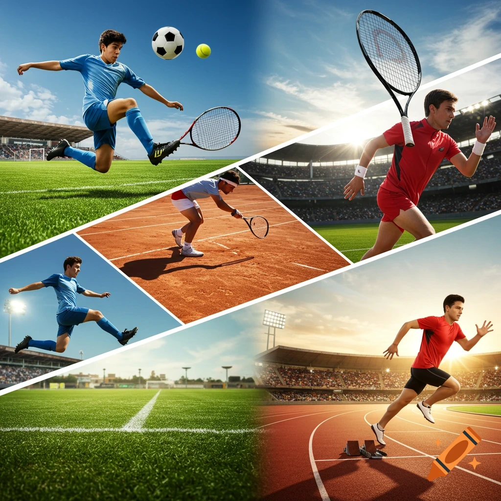 Collage of young male athletes playing soccer, tennis, and running on a track in sunlit stadiums.