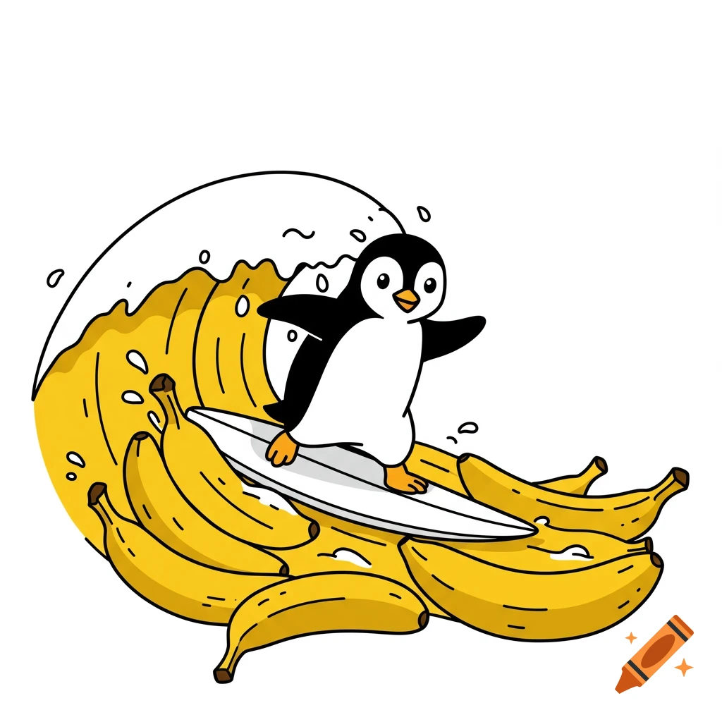 A cute cartoon penguin surfs on a white board atop a large yellow wave made of bananas against a white background.