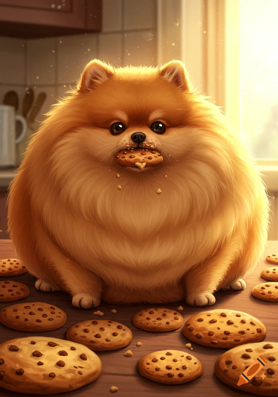 A fluffy, very overweight Pomeranian dog eats a chocolate chip cookie while sitting among many cookies on a wooden table.