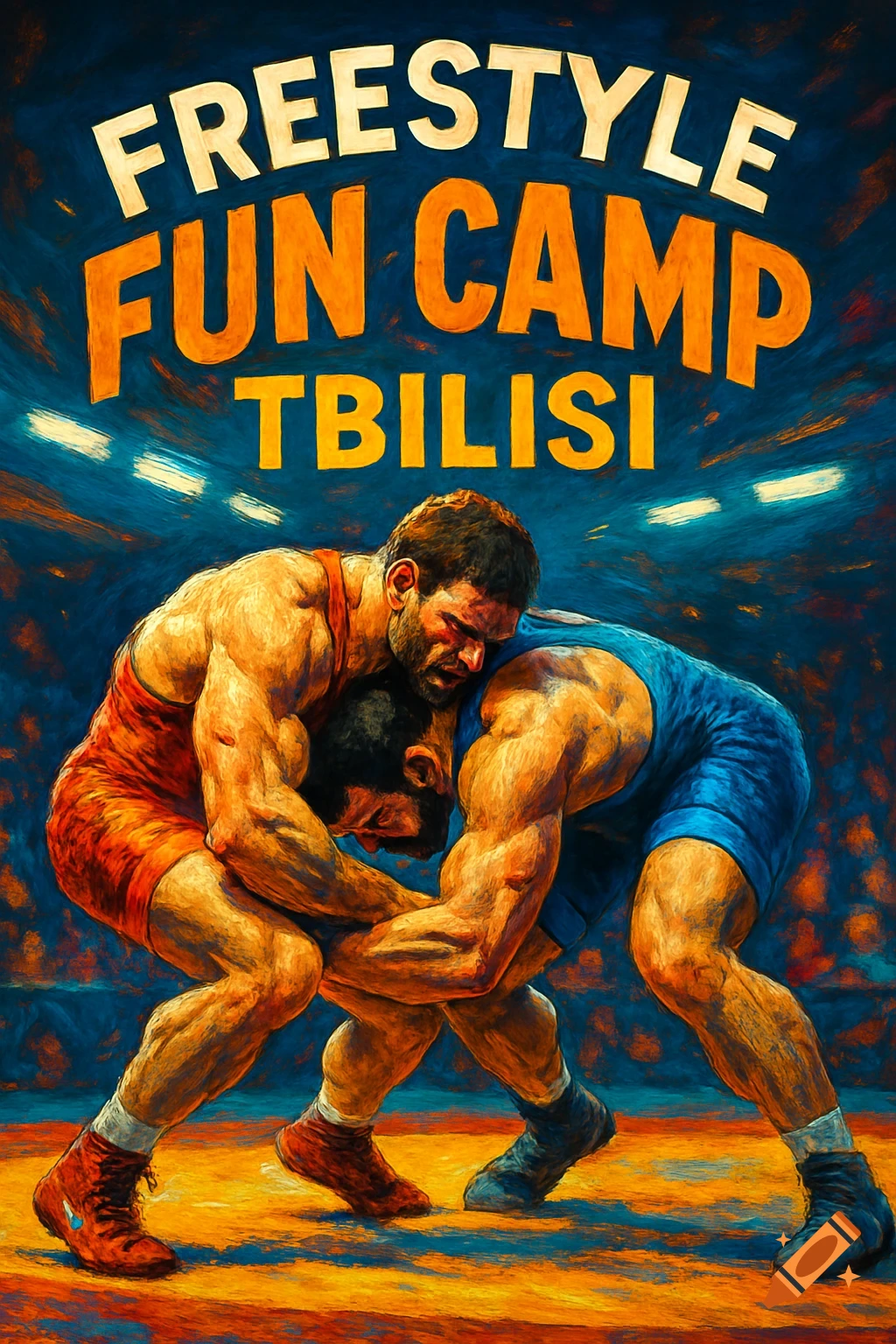 Two male wrestlers grapple on a mat under text "FREESTYLE FUN CAMP TBILISI" in a vibrant, painterly style.