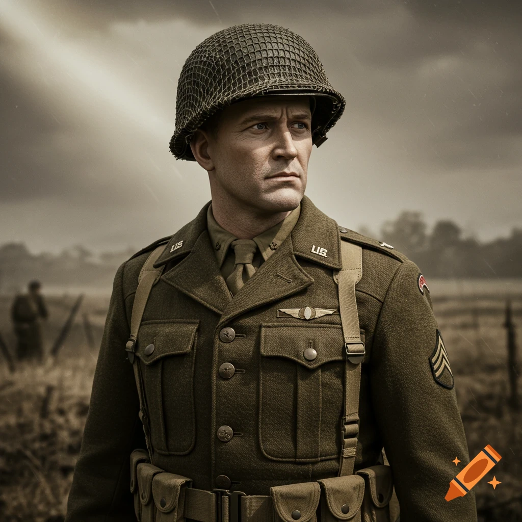 A serious male soldier in a WWII-era US Army uniform and helmet looks out, against a sepia-toned, gritty outdoor background.