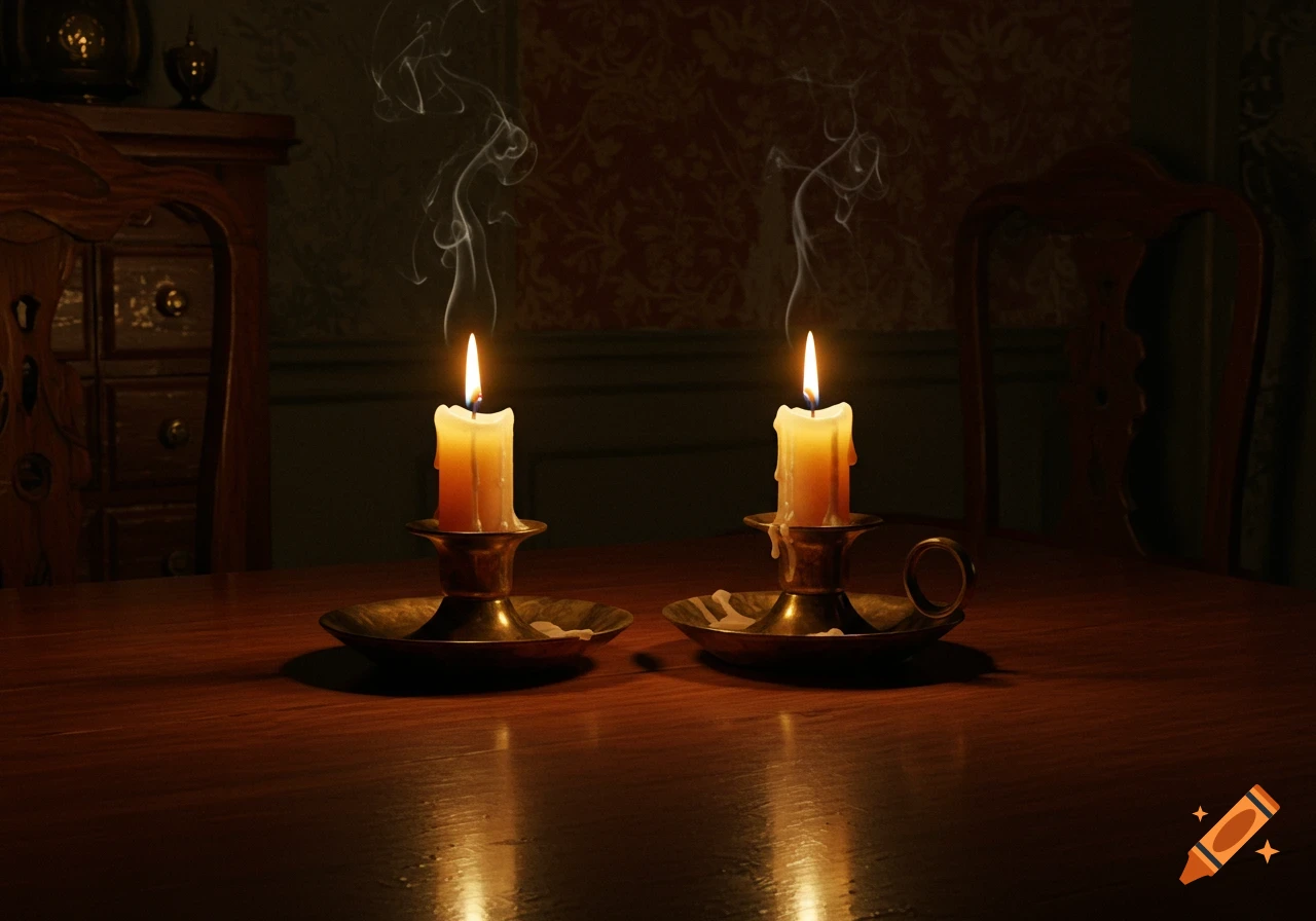 Two burning candles in brass holders on a glossy wooden table, casting a warm glow in a dimly lit, antique-style room with smoke rising.