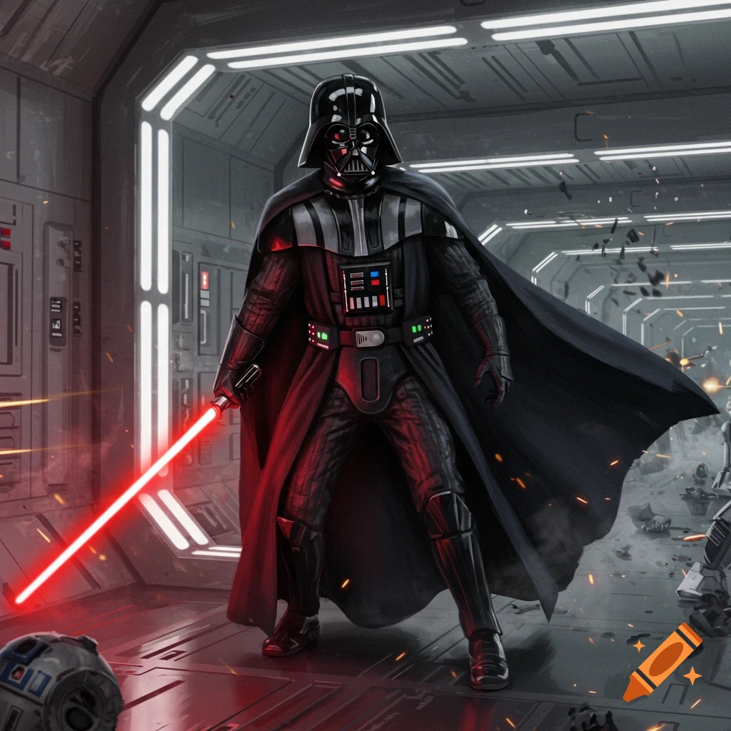 Darth Vader stands in a damaged spaceship corridor, holding a glowing red lightsaber, with a destroyed R2-D2 unit nearby.