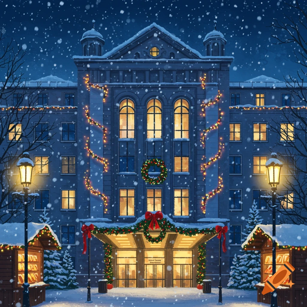 A grand building covered in snow and Christmas lights, with festive market stalls on either side, at night.