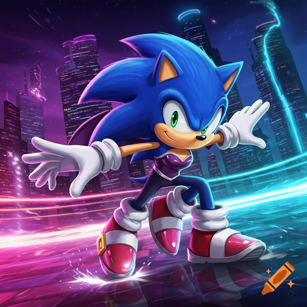 Sonic the Hedgehog in a purple outfit, striking a dynamic pose in a neon-lit futuristic city at night.