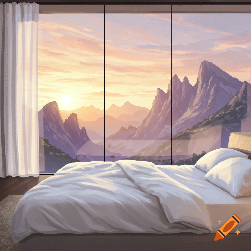 A stylized illustration of a king-sized bed by floor-to-ceiling windows with a breathtaking mountain sunrise view.