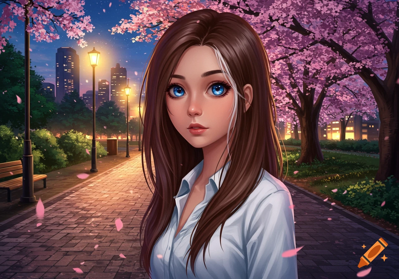 Anime girl with dark blue eyes, brown hair with a white streak, wearing a white shirt, stands in a cherry blossom park at dusk.