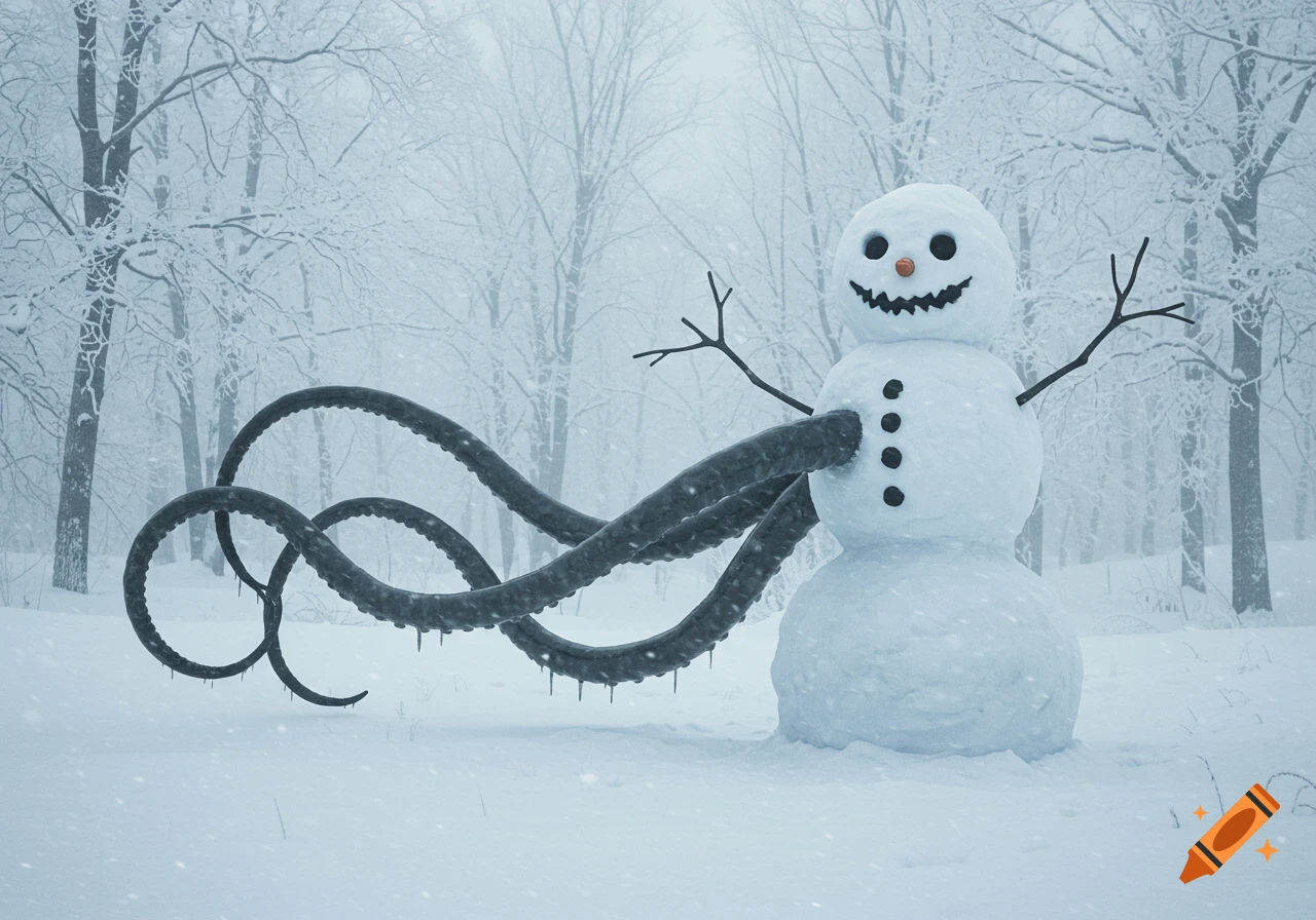 A creepy snowman with a large smile and black tentacles extending from its body stands in a snowy forest during snowfall.