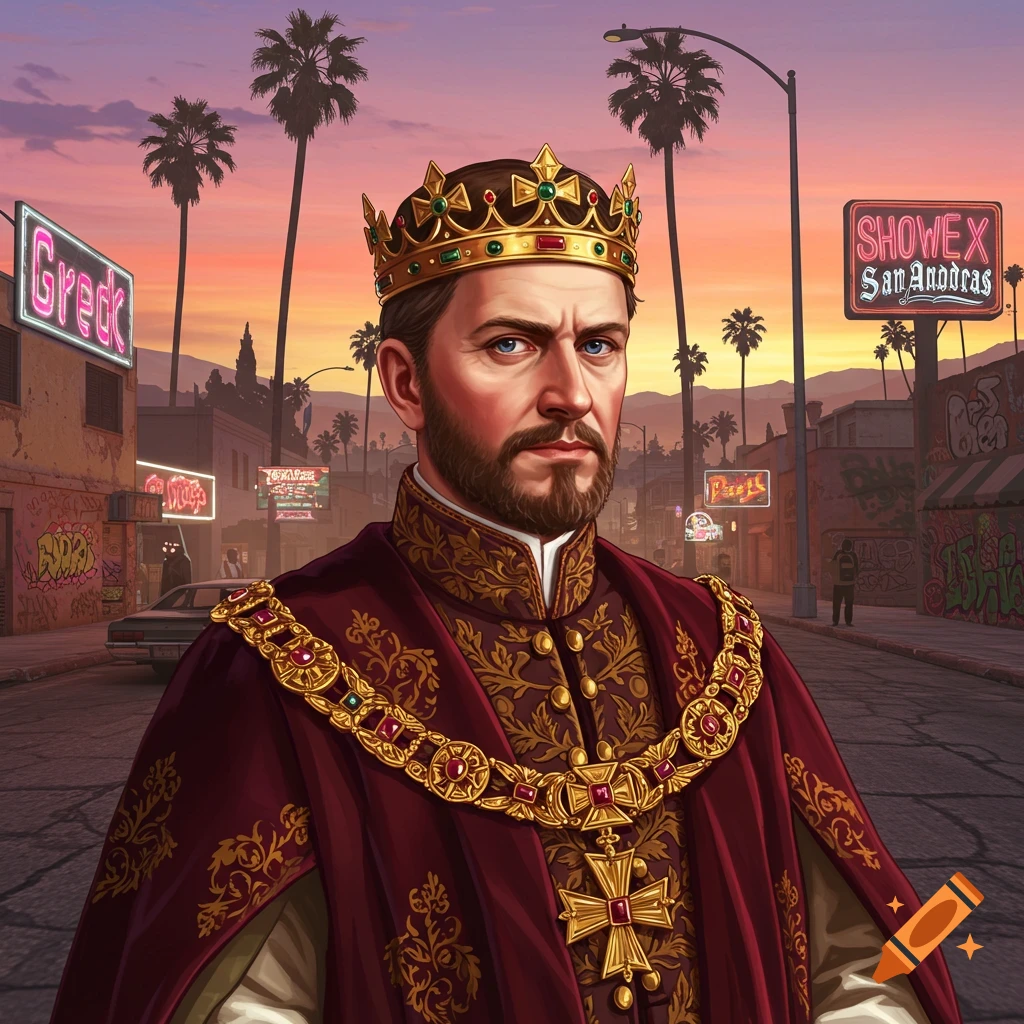 A regal man in a crown and elaborate red and gold robes stands in a GTA San Andreas-style street scene at sunset, with neon signs and palm trees.