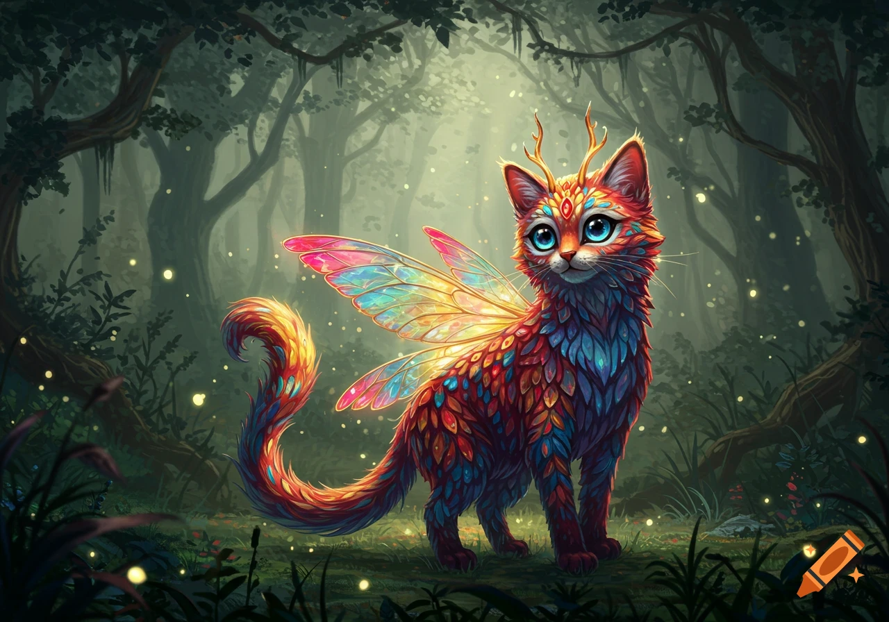 A vibrant, colorful winged cat with small antlers stands in a magical, misty forest with glowing fireflies, in an illustrative style.