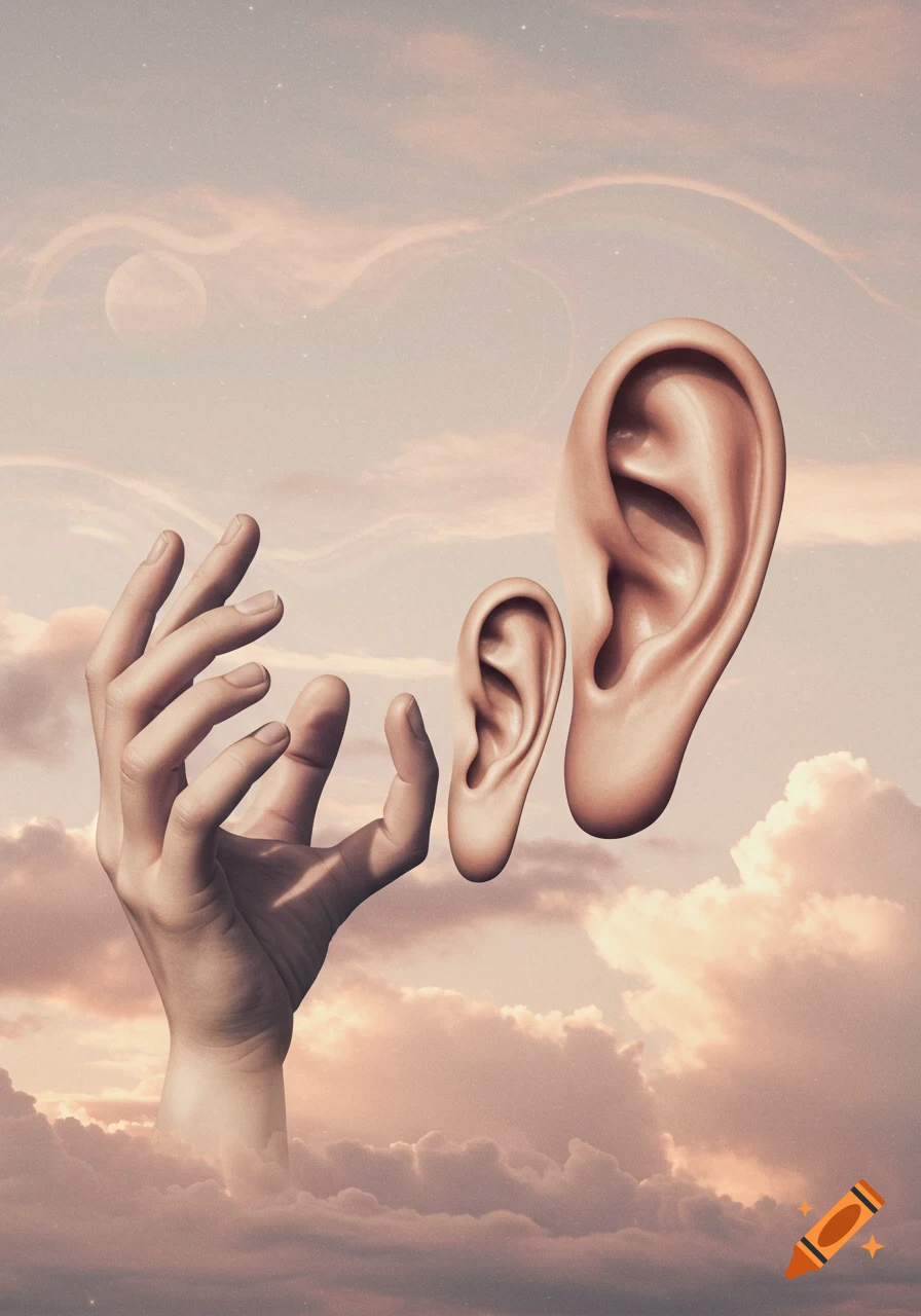 A surreal image featuring a human hand reaching towards two floating ears of different sizes, set against a cloudy, pink-hued sky.