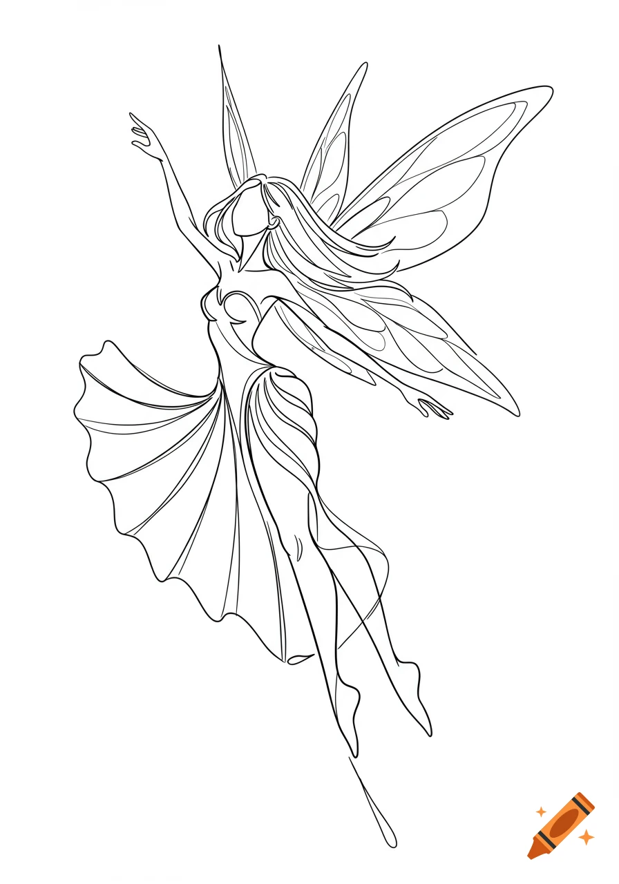 Line art sketch of a fairy flying downwards with large wings and a flowing dress.