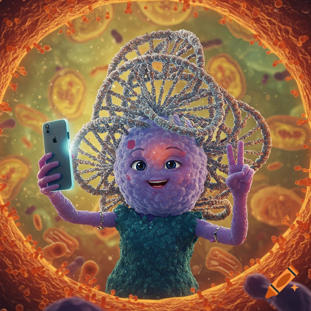 A cheerful, personified purple cell with DNA hair and a green top takes a selfie with a phone, making a peace sign in a vibrant microscopic environment.