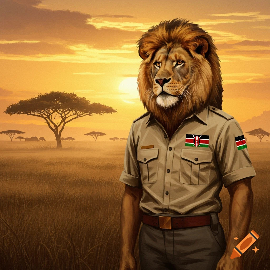 A majestic lion, wearing a tan safari shirt with Kenyan flag patches, stands in a golden savanna at sunset with acacia trees in the background.