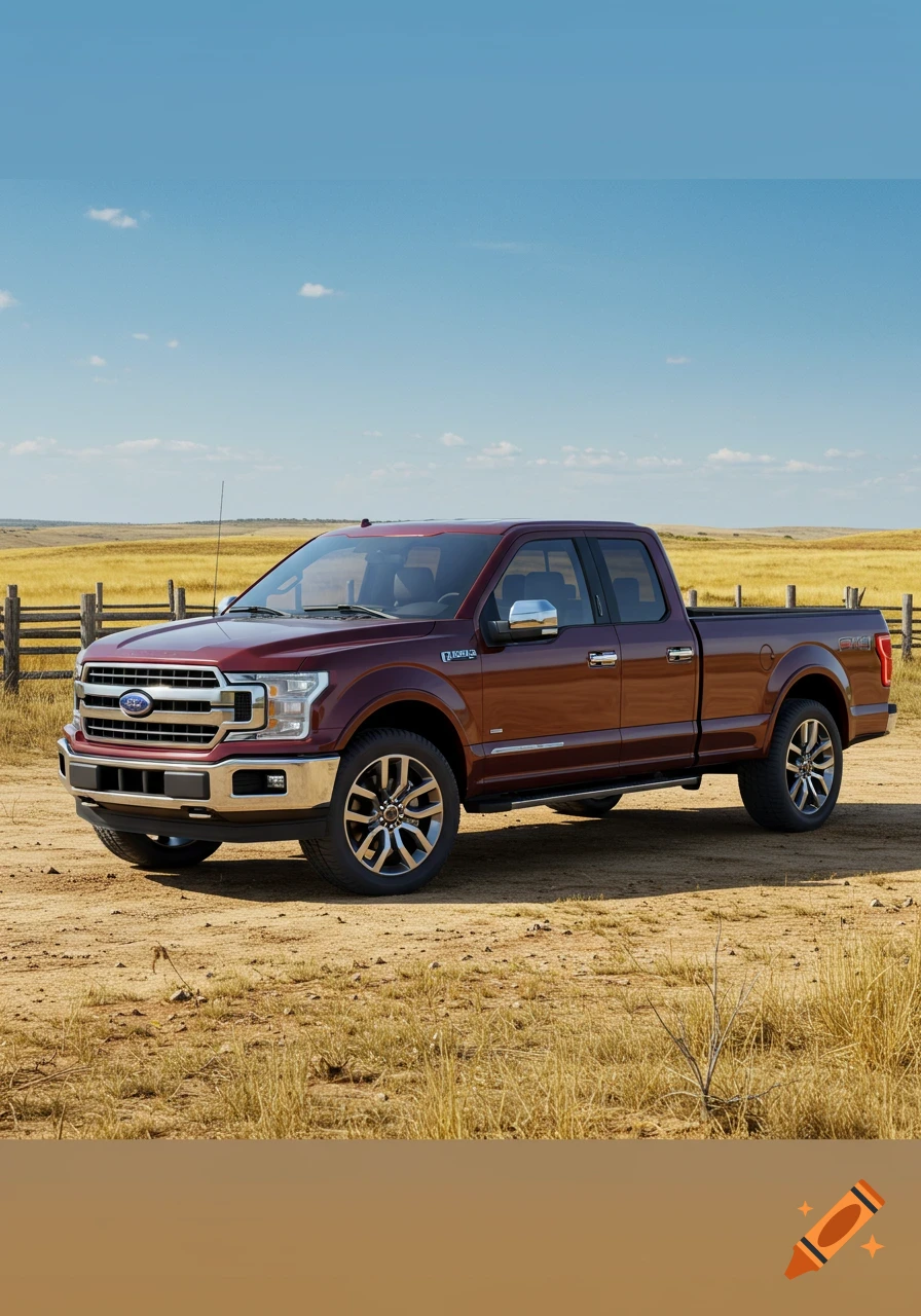 A maroon Ford F-150 pickup truck parked on a dirt road in a field under a blue sky.