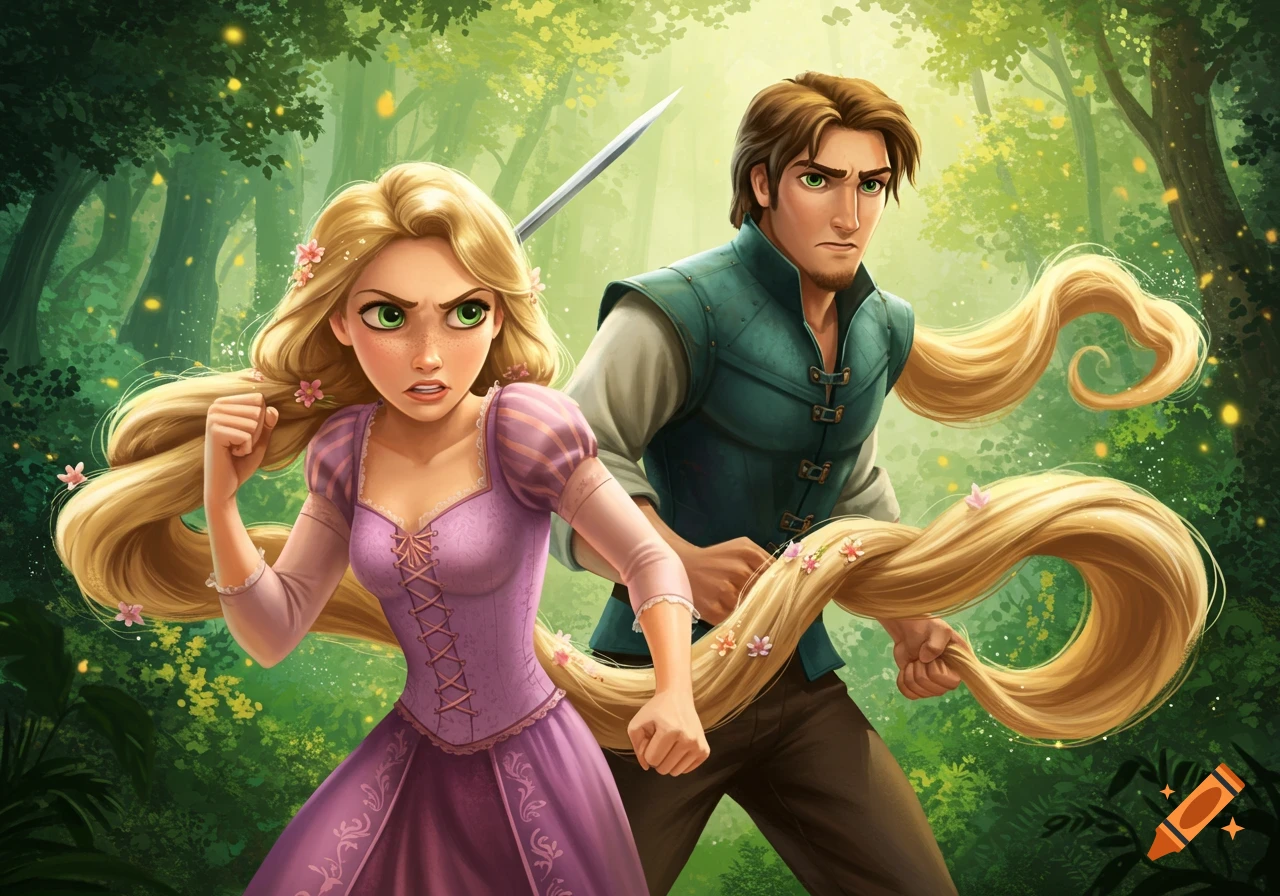 Animated illustration of a fierce Rapunzel and Flynn Rider in a lush green forest, Rapunzel's long blonde hair flowing around them.