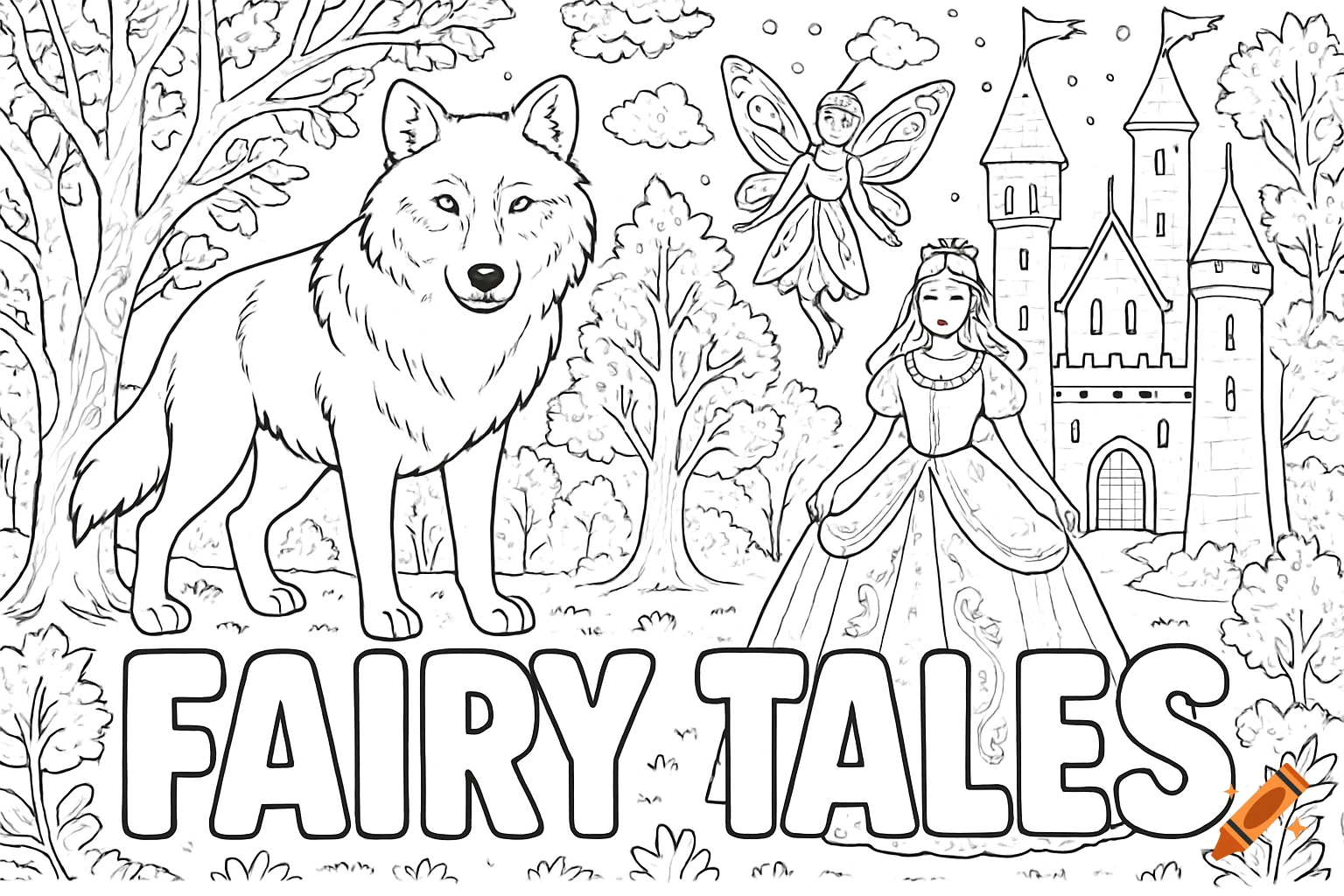 A black outline coloring page featuring a wolf, a fairy, a princess, a castle, and a forest with the title 'FAIRY TALES'.