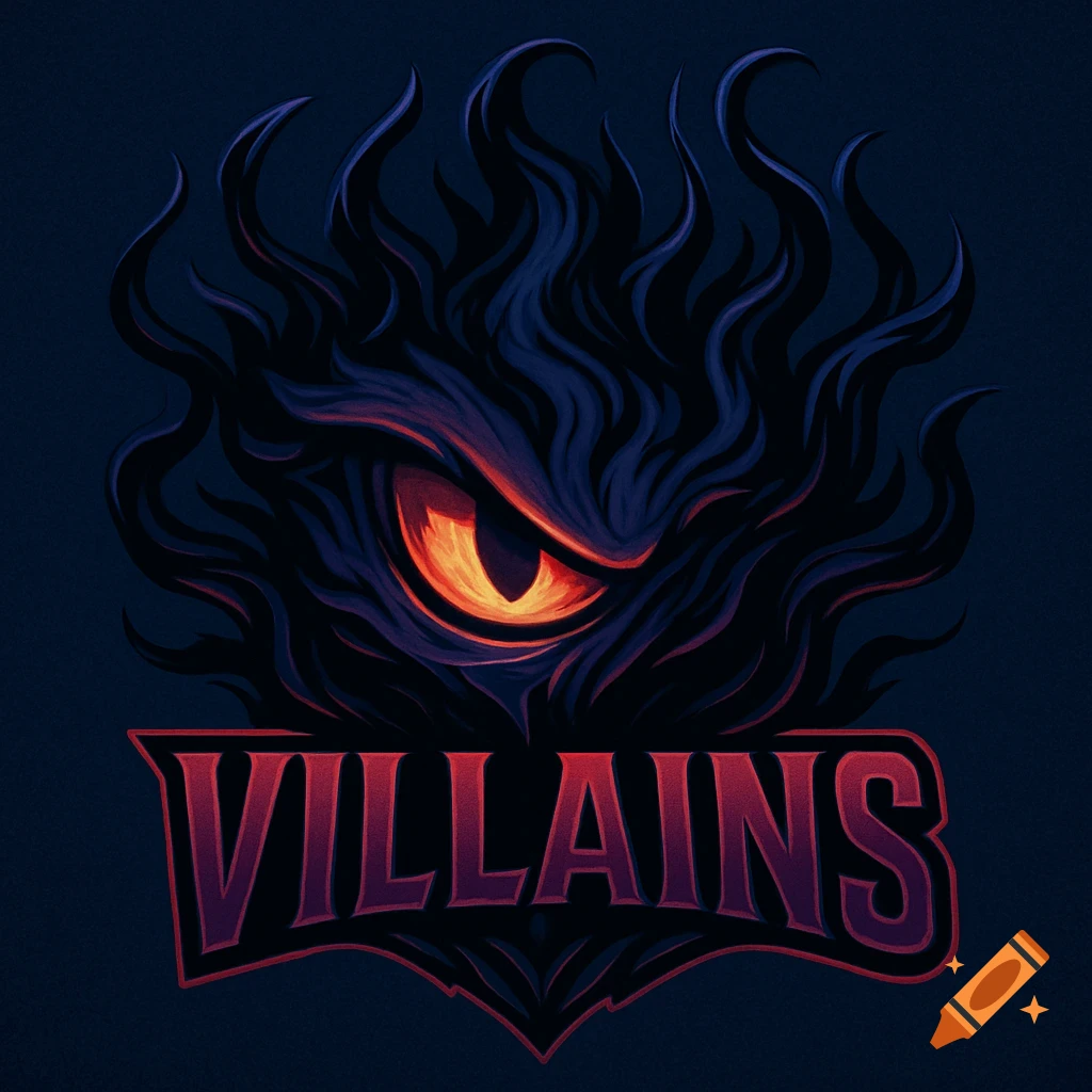 A dark, stylized evil eye with a fiery orange iris and swirling tendrils above the word "VILLAINS" in a bold, red font.