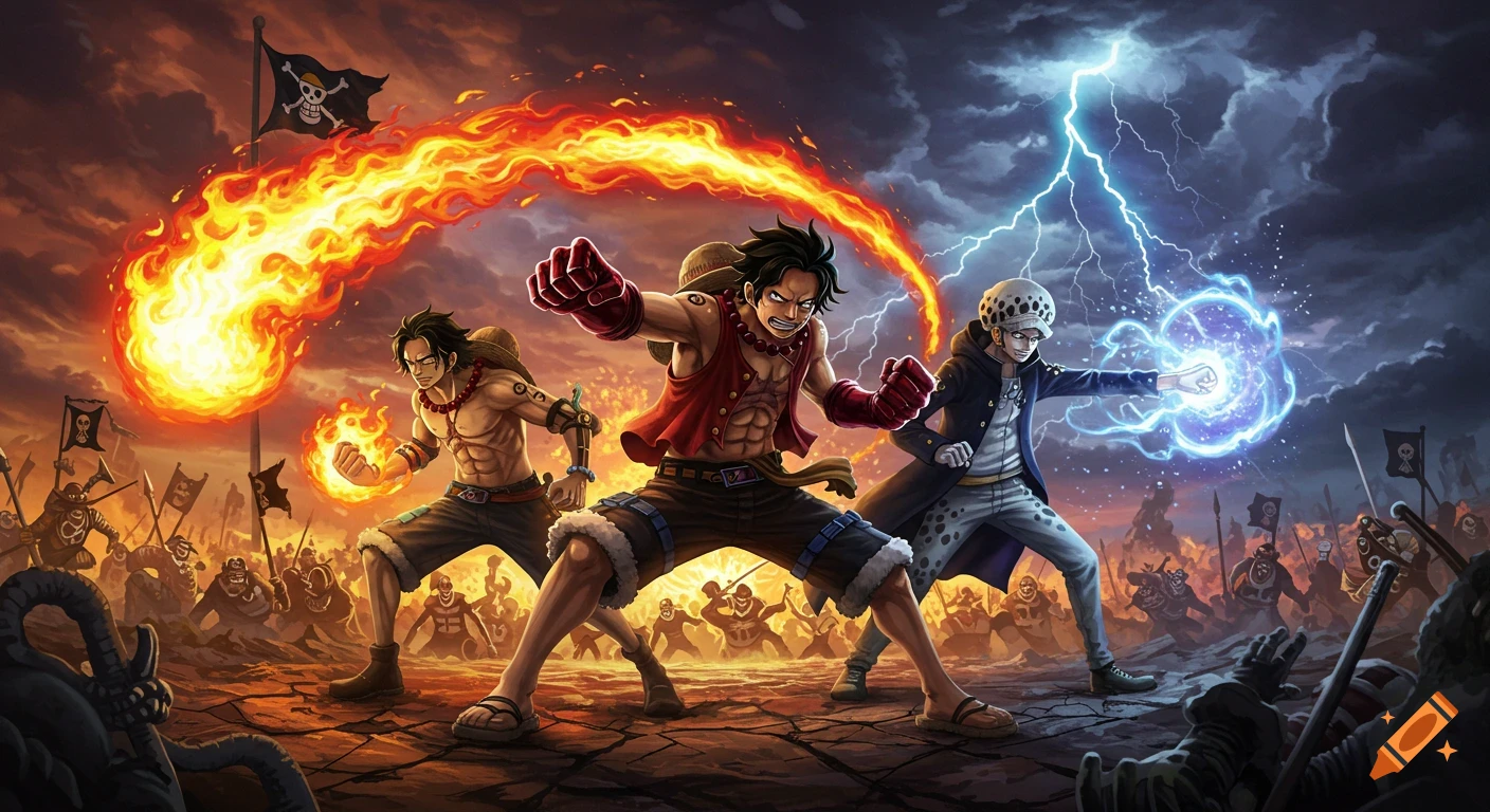 Anime characters Ace, Luffy, and Law in battle, Ace blasting fire, Law generating lightning, with a pirate flag in the background under a stormy sky.