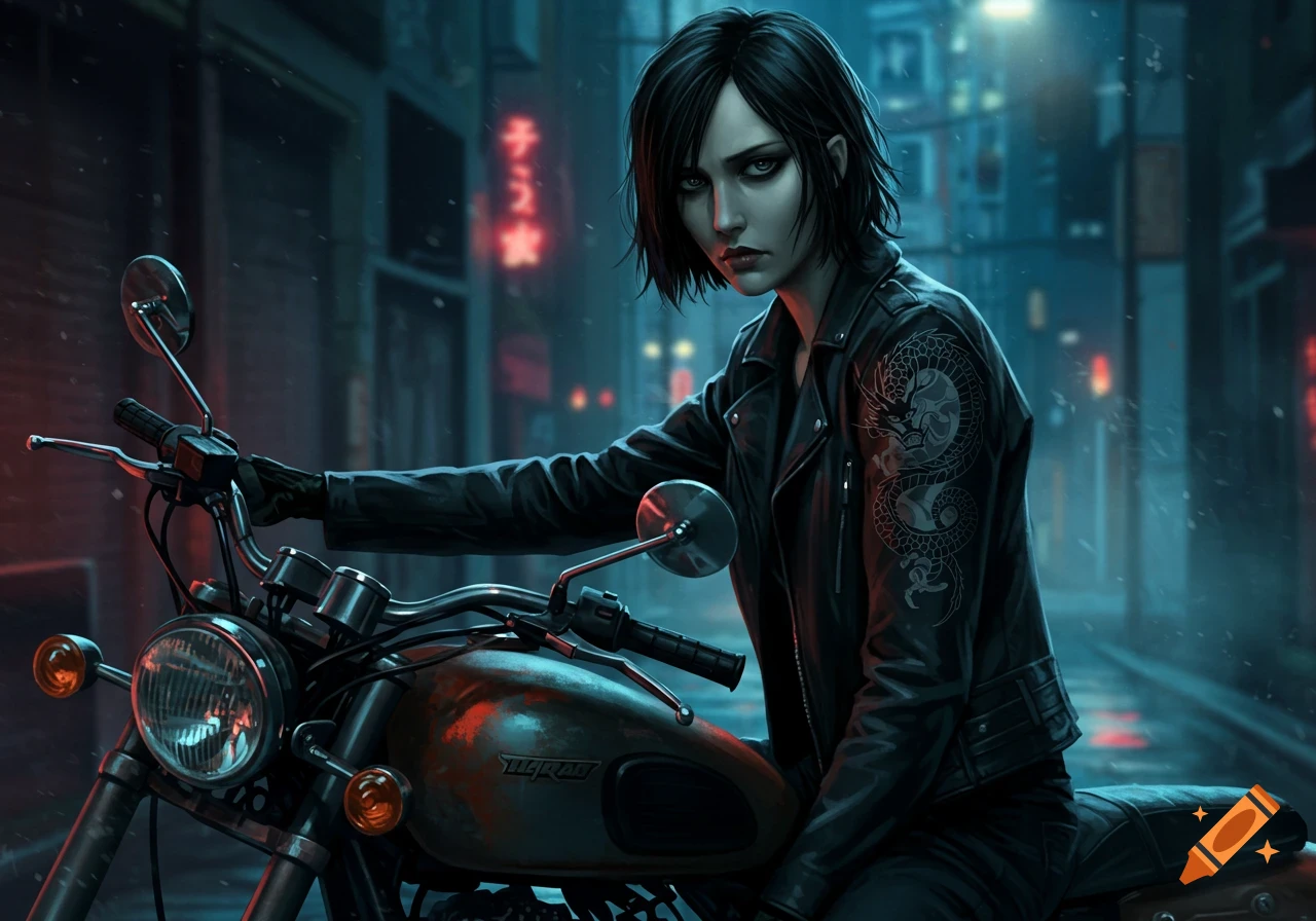 A dark-haired woman in a leather jacket with a dragon tattoo sits on a motorcycle on a rainy, neon-lit cyberpunk street in digital art style.