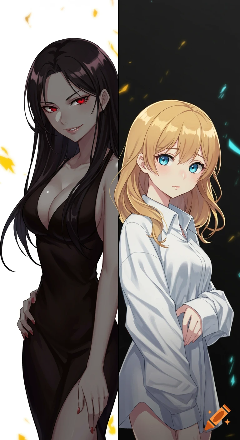 Two anime women, one with long black hair, red eyes, and a black dress; the other with blonde hair, blue eyes, and a white shirt.