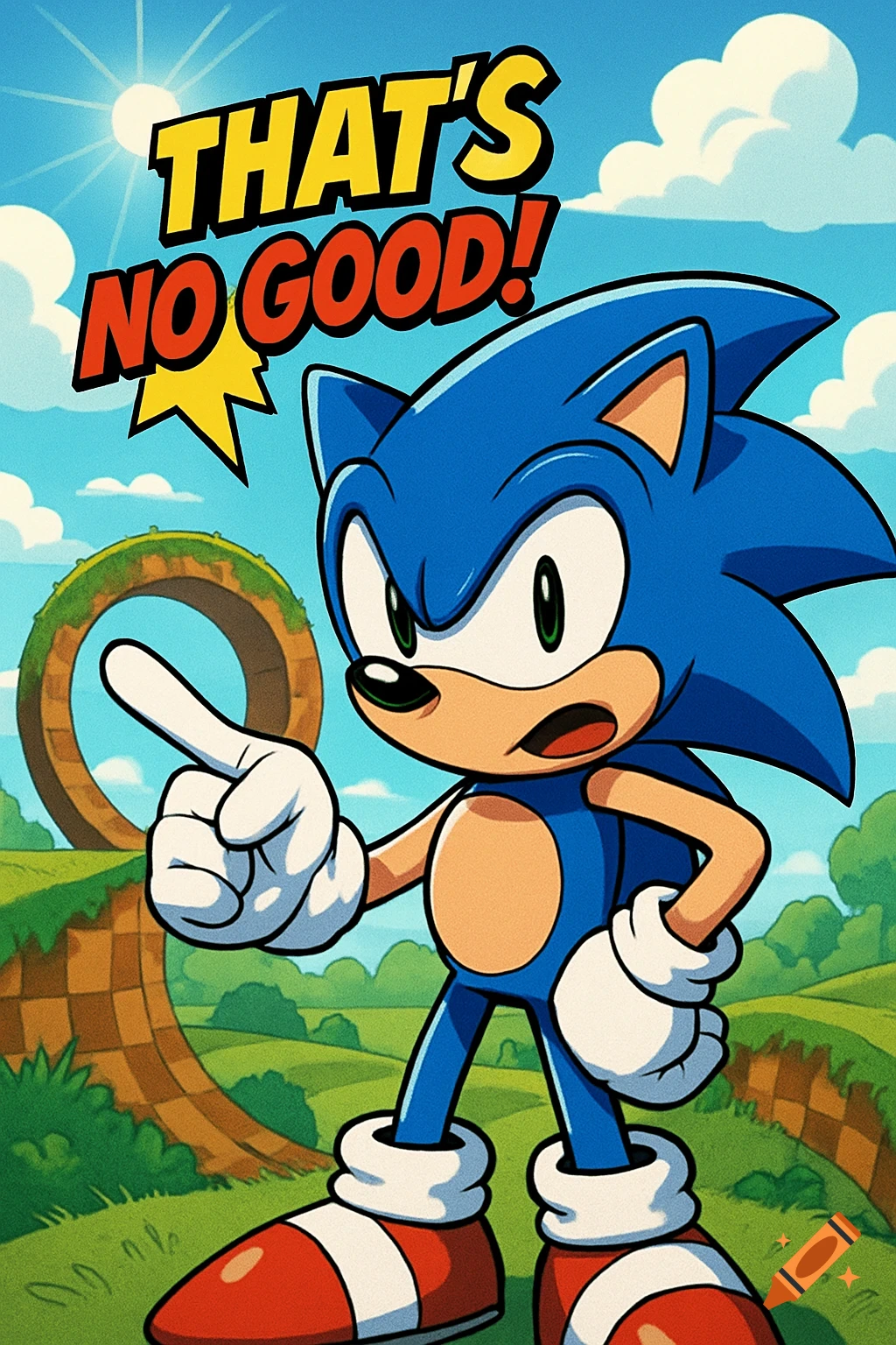 Cartoon Sonic the Hedgehog points sternly while saying "That's no good!" in a comic book style speech bubble, against a classic Green Hill Zone background.