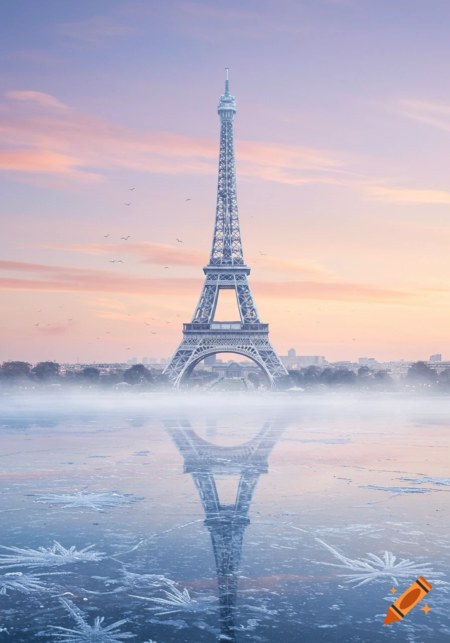 The Eiffel Tower reflected in a partially frozen lake at dawn, with a pastel pink and purple sky.