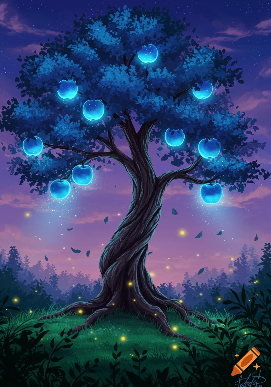 A magical tree with glowing blue apples stands in a vibrant fantasy forest at dusk, with fireflies and falling leaves.