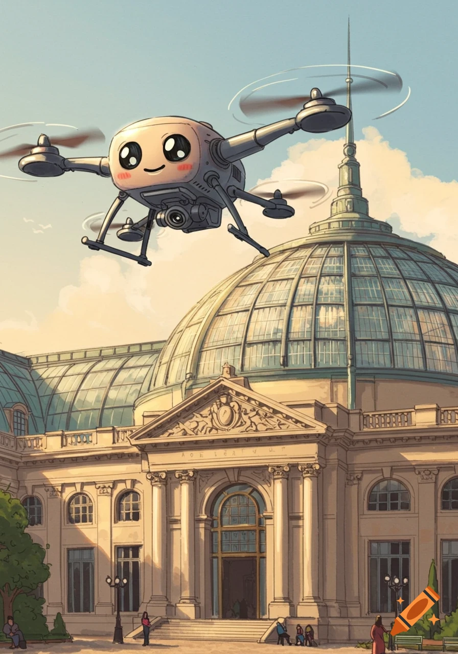 A cartoon drone with a cute, smiling face and blush marks flies above the Grand Palais in Paris under a blue sky.