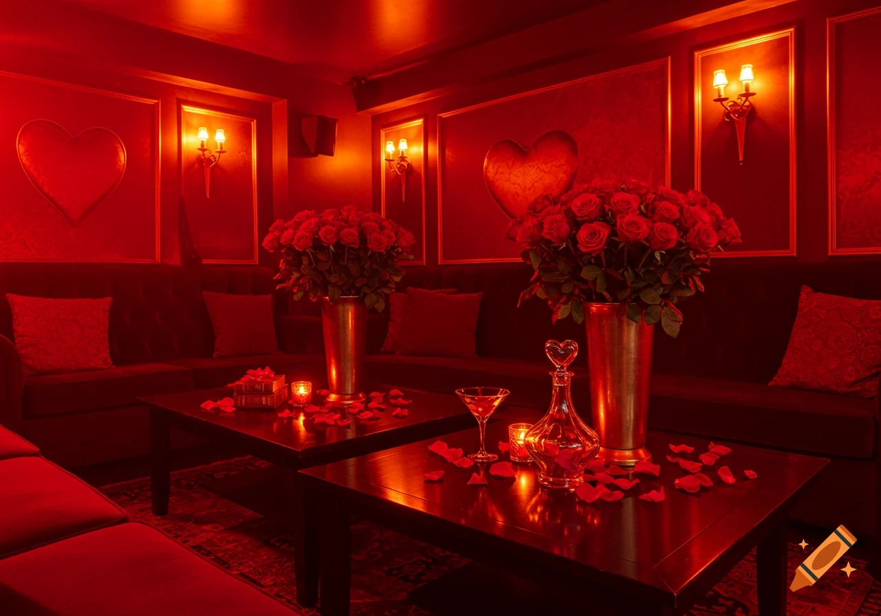 Luxurious red-lit VIP nightclub room with velvet couches, two tables holding red roses, petals, candles, a cocktail, and heart decor.