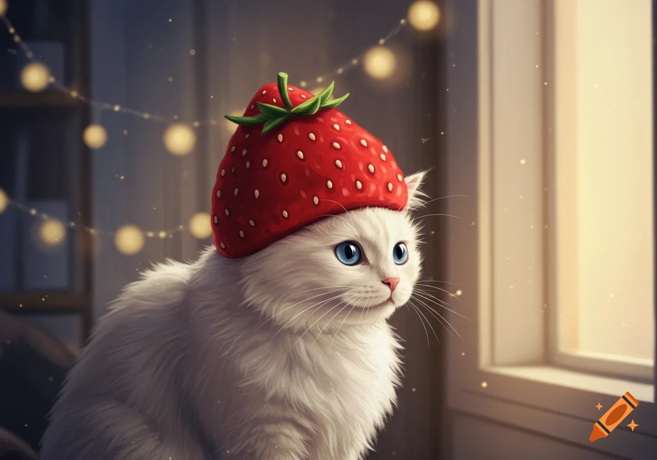 A fluffy white cat with blue eyes wears a red strawberry hat, looking out a window with glowing fairy lights.