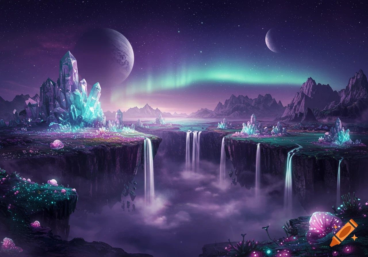 Vibrant fantasy landscape with glowing crystal mountains, waterfalls, planets, and aurora borealis in a starry sky.