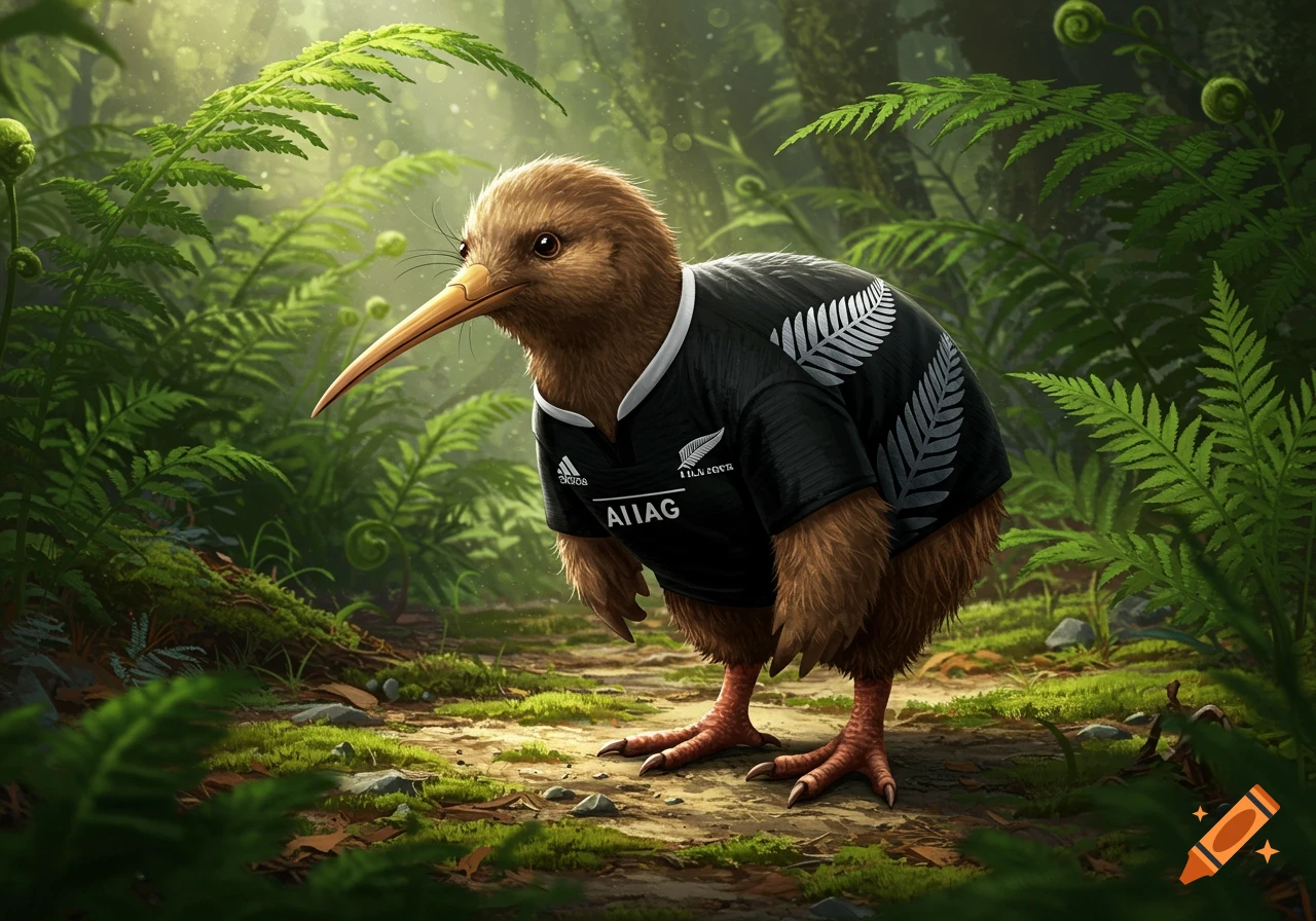 Fluffy brown kiwi bird in a black New Zealand rugby jersey with silver ferns, standing on a mossy forest path amidst green ferns.