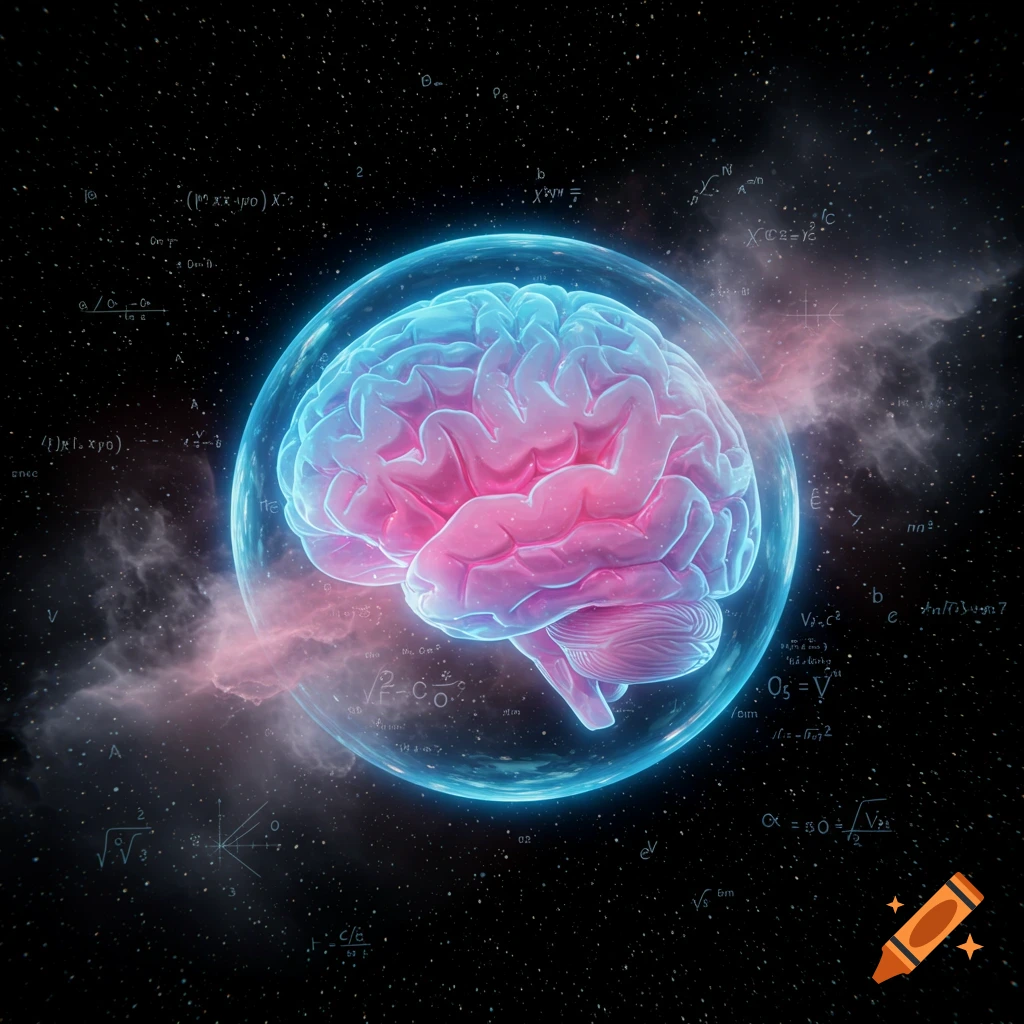 A glowing pink and blue brain encapsulated in a sphere, surrounded by stars and illegible scientific formulas in deep space.