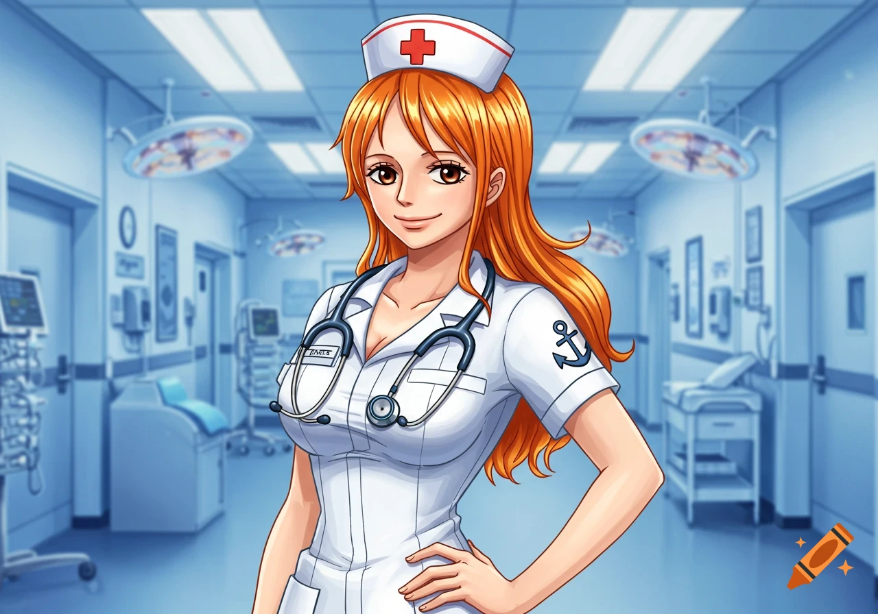 Anime character Nami from One Piece dressed as a nurse, standing in a hospital hallway.