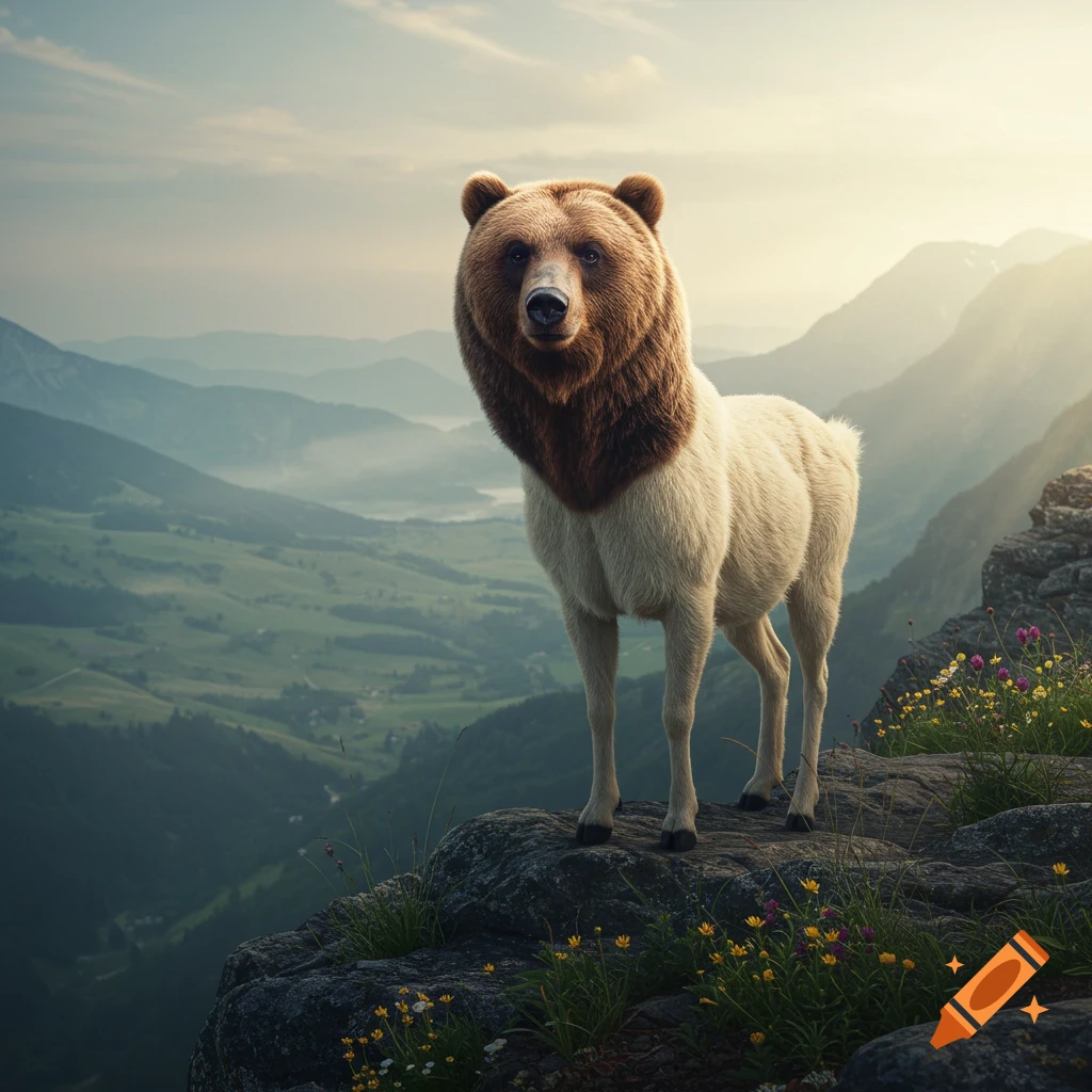 A photorealistic hybrid creature with a bear's head and a goat-like body stands on a rocky mountain peak overlooking valleys.