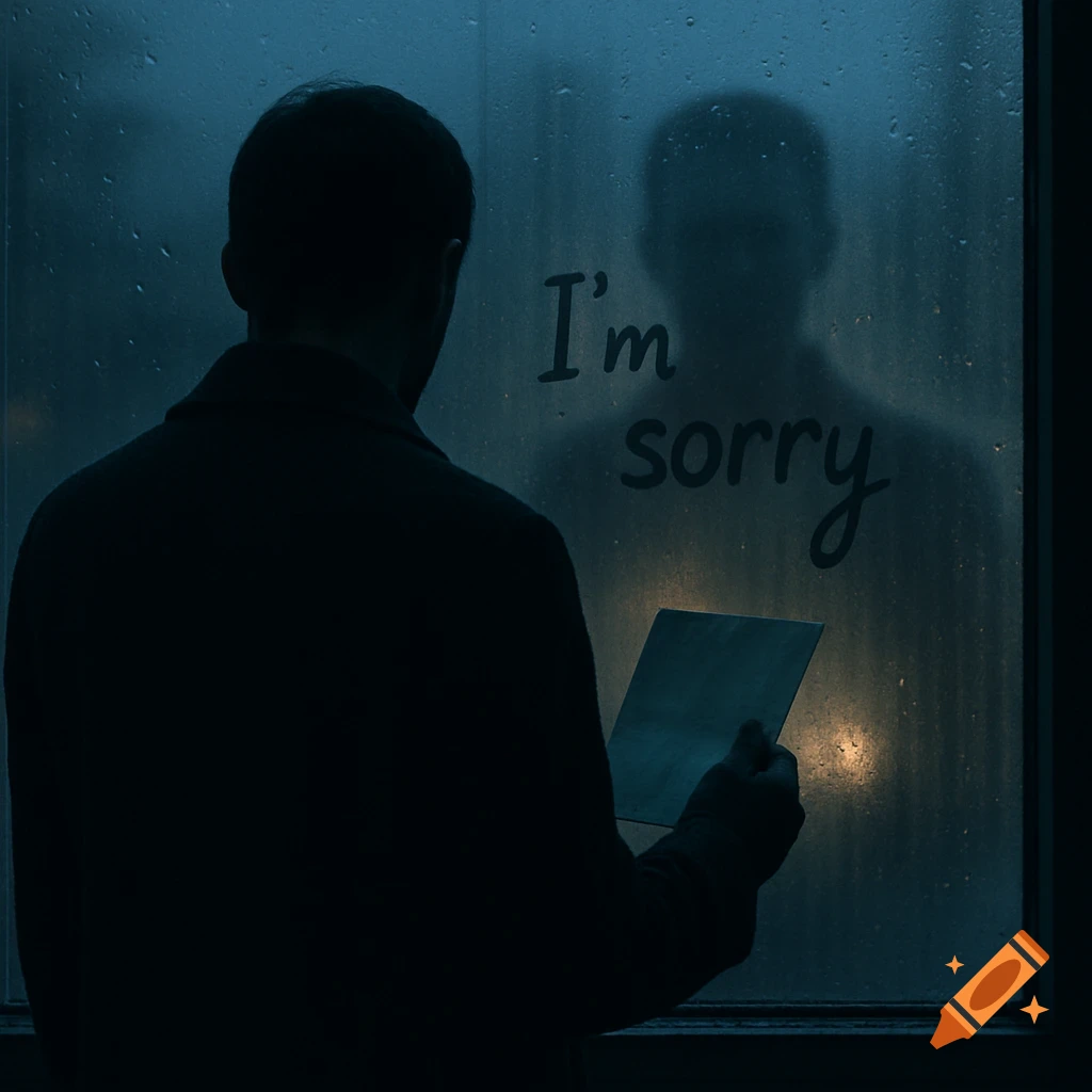Dark silhouette of a person looking at a rain-streaked window with "I'm sorry" written on it, reflecting their image.
