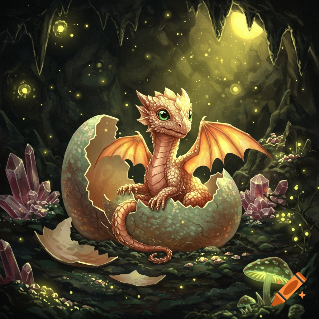 A cute baby dragon with green eyes and golden wings hatching from a cracked egg in a glowing fantasy cave with crystals.