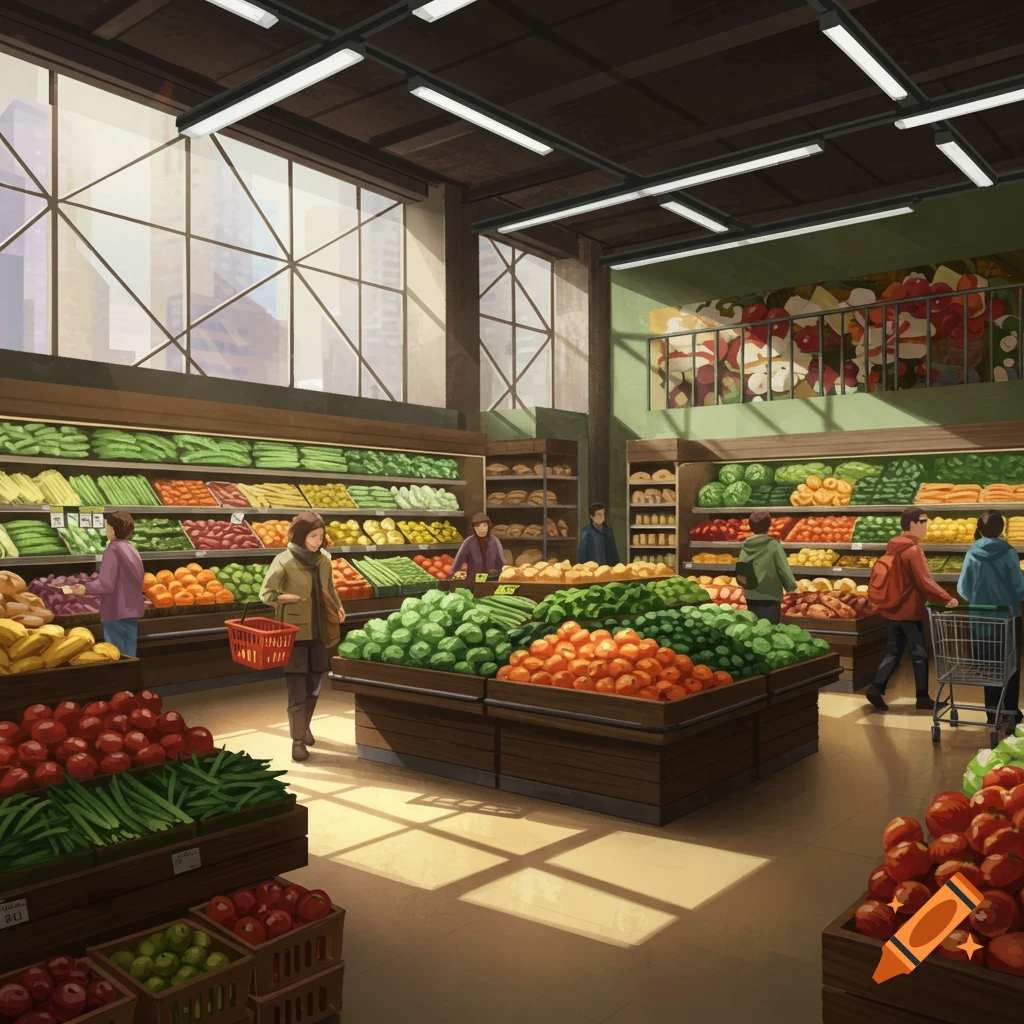 An illustration of a supermarket with shoppers browsing aisles of fresh produce, fruits, and vegetables, with a city view through large windows.