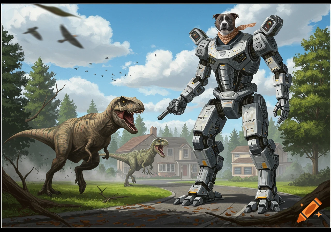 A staffy dog in a large humanoid mech robot faces two dinosaurs in a residential area under a blue sky.