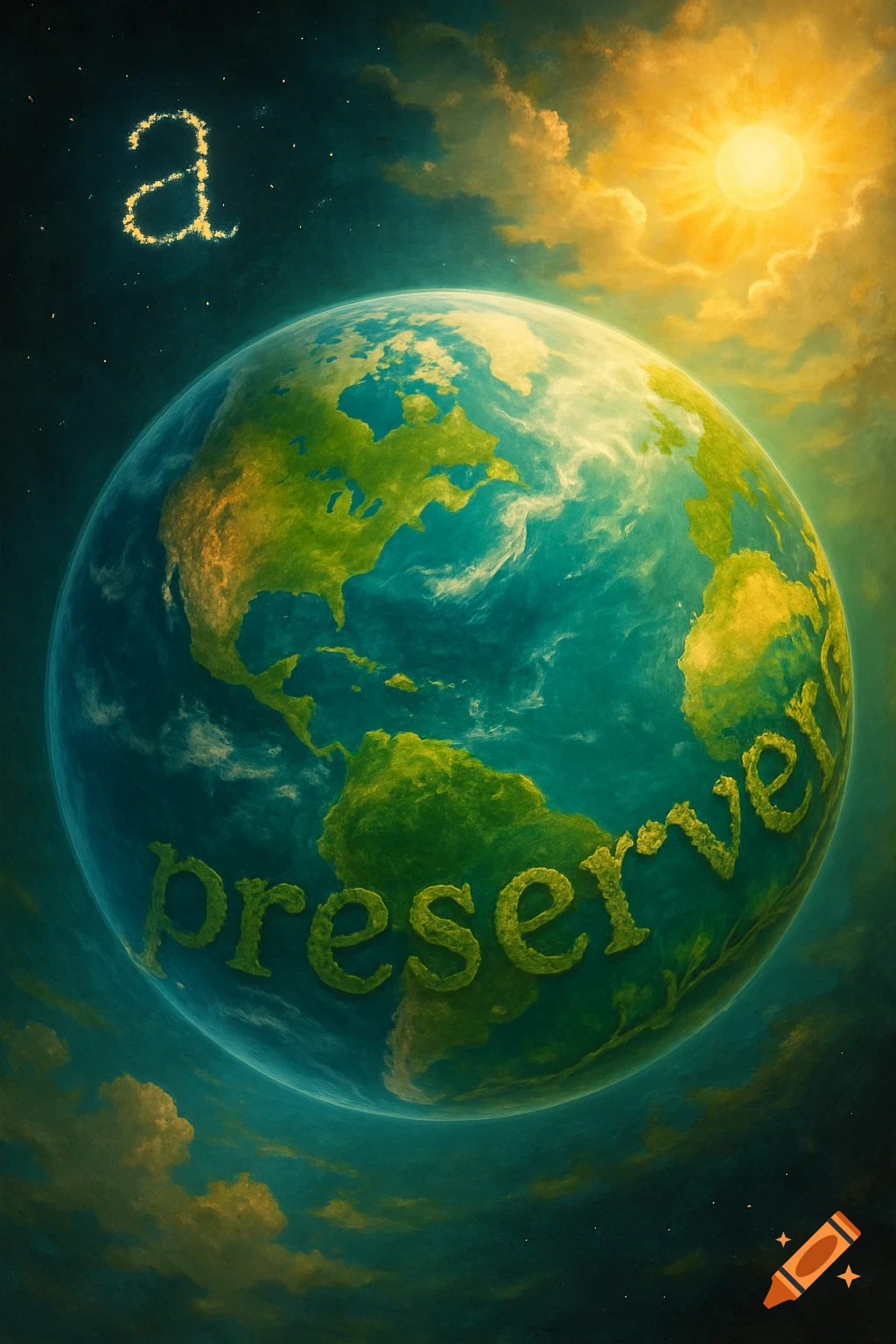 Painterly illustration of Earth with 'a' floating above and 'preserver' on its surface, under a bright sun.