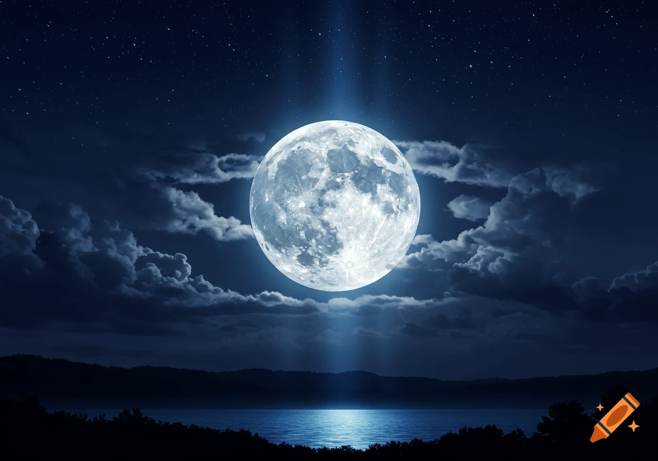 A luminous full moon shines brightly in a dark, star-filled night sky, casting a radiant beam onto calm water below silhouetted hills and clouds.