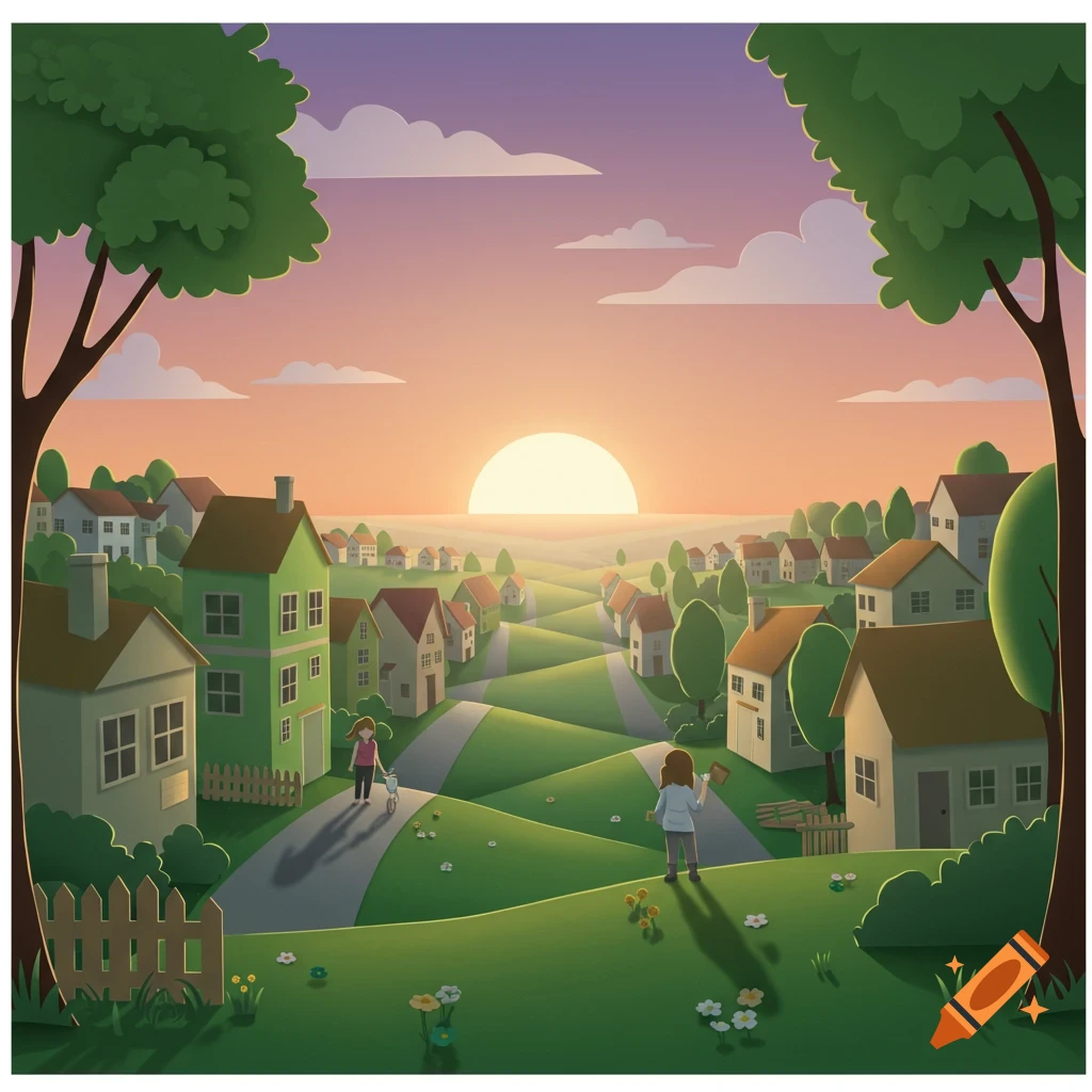 A vibrant papercraft digital art illustration of a community neighborhood on green hills at sunrise, with roads and houses.