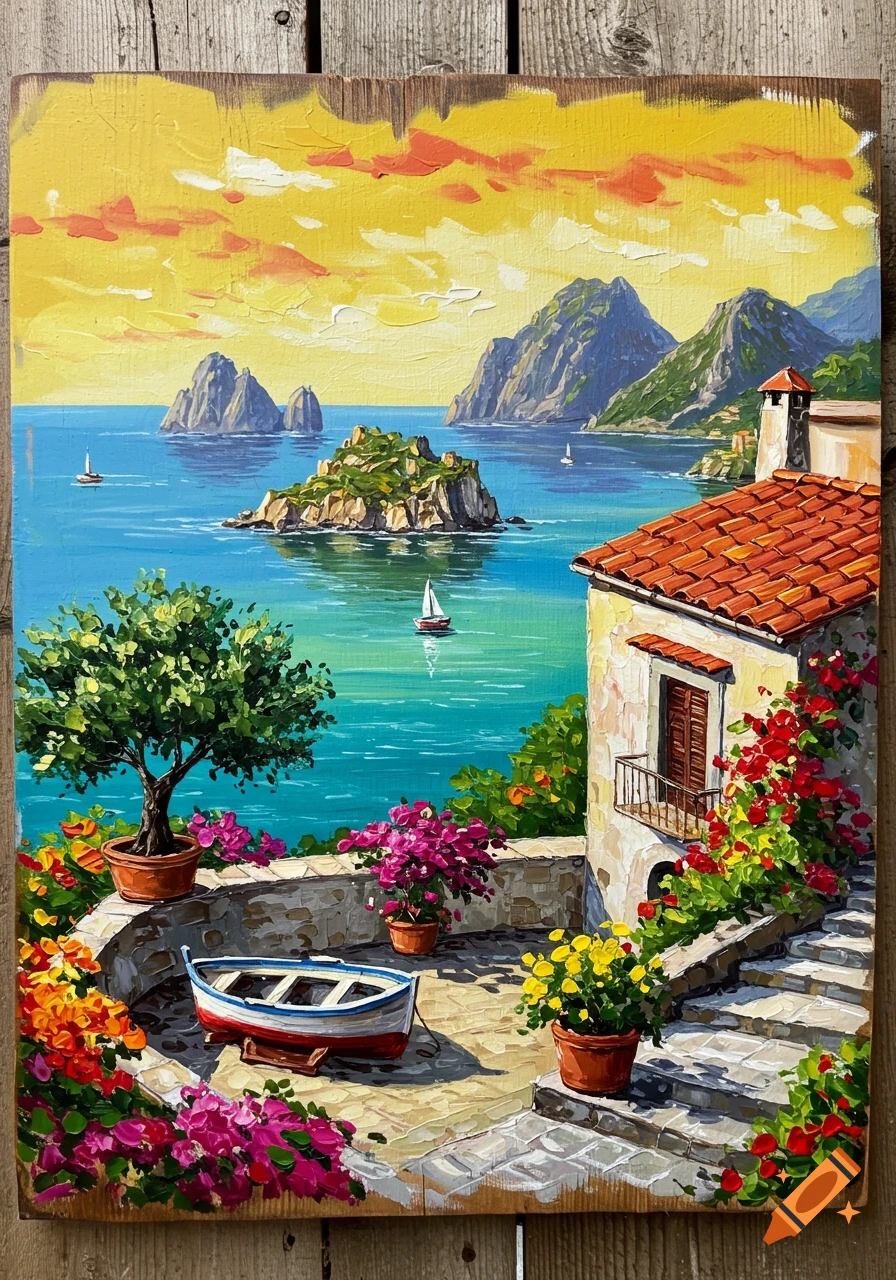 Vibrant painting of a Mediterranean coastal scene with a rustic house, boat, and flowers overlooking rocky islands and a turquoise sea under a colorful sky.