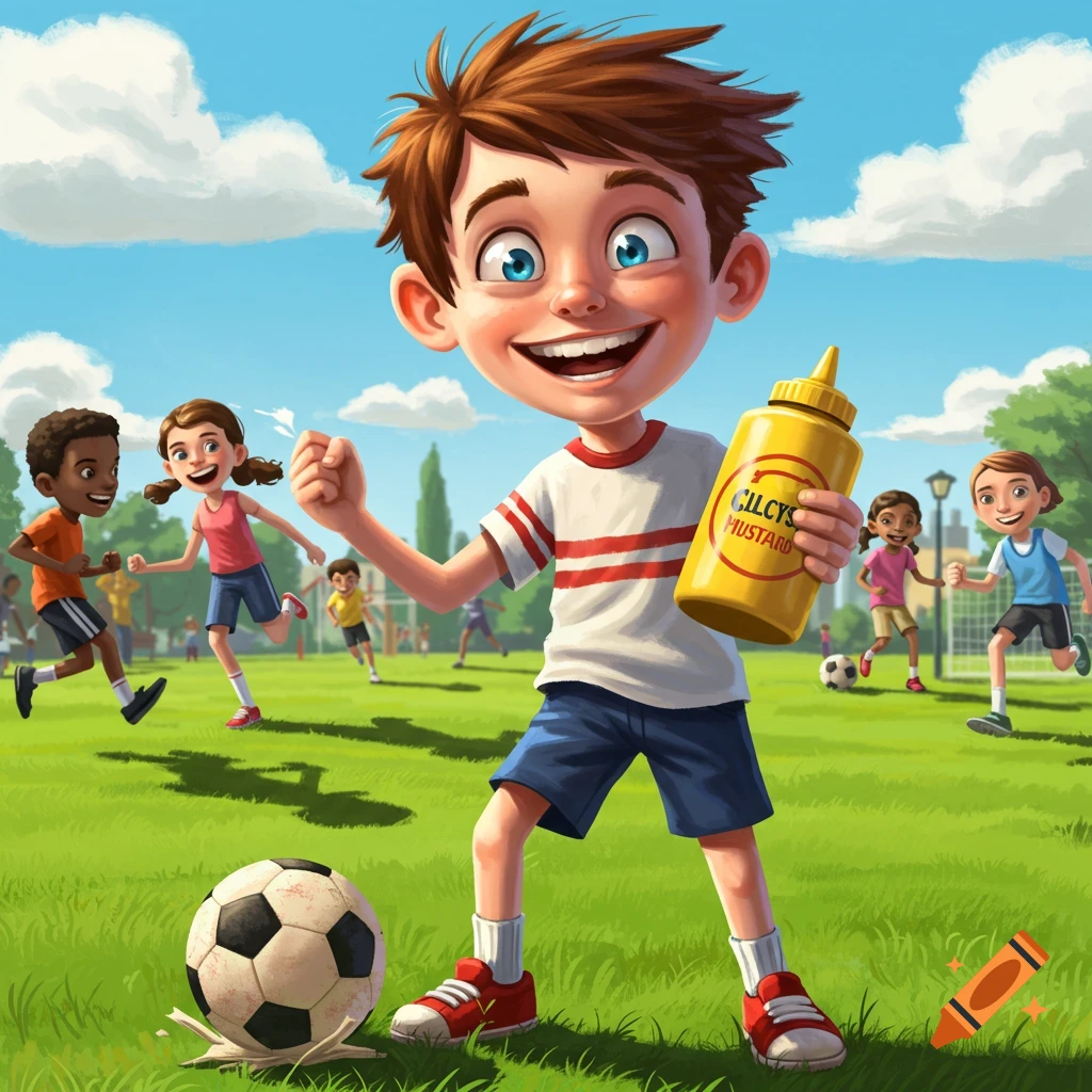 Cartoon boy holds a mustard bottle by a soccer ball in a park as other children play.