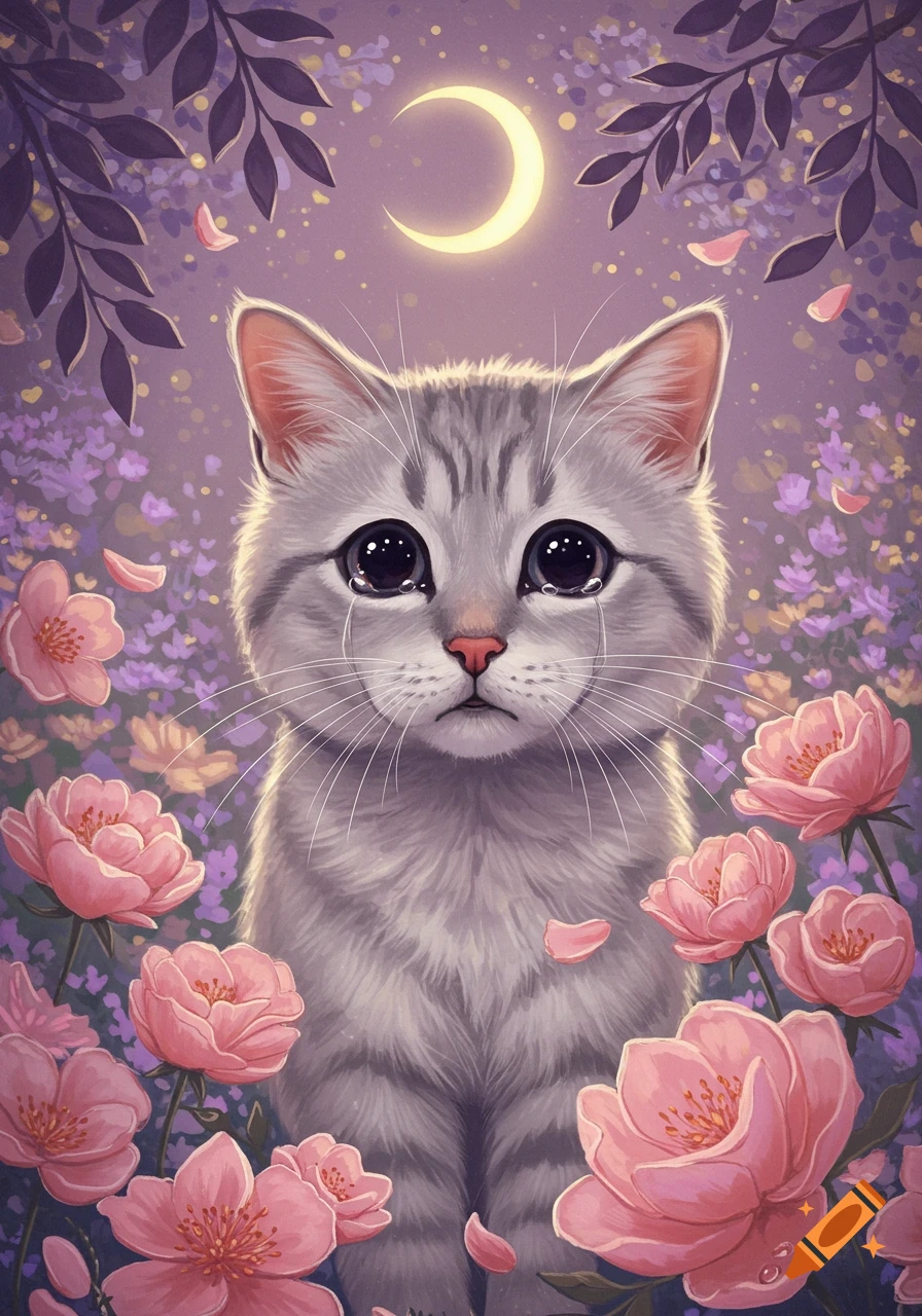A stylized grey tabby cat with big, crying eyes surrounded by pink and purple flowers under a crescent moon in a mystical purple night sky.