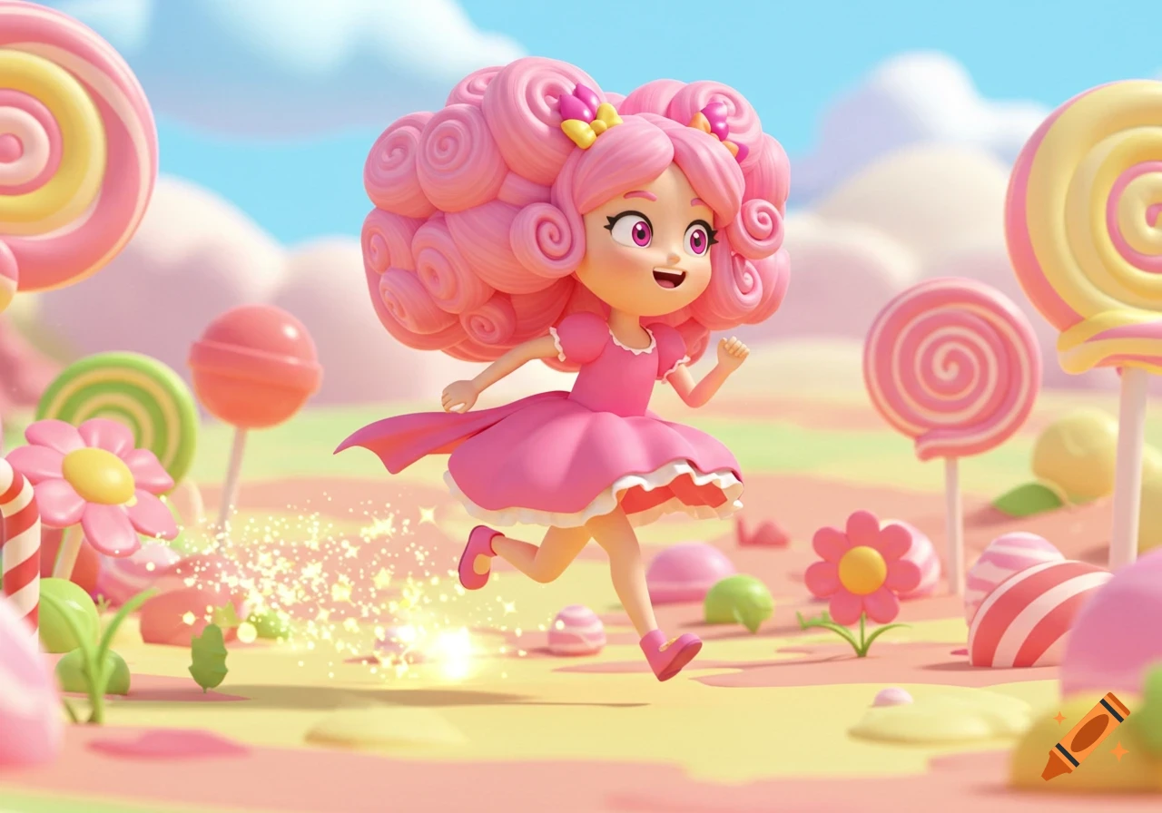 Cute 3D cartoon girl with pink curly hair and a pink dress running through a vibrant candy land with lollipops and sparkles.