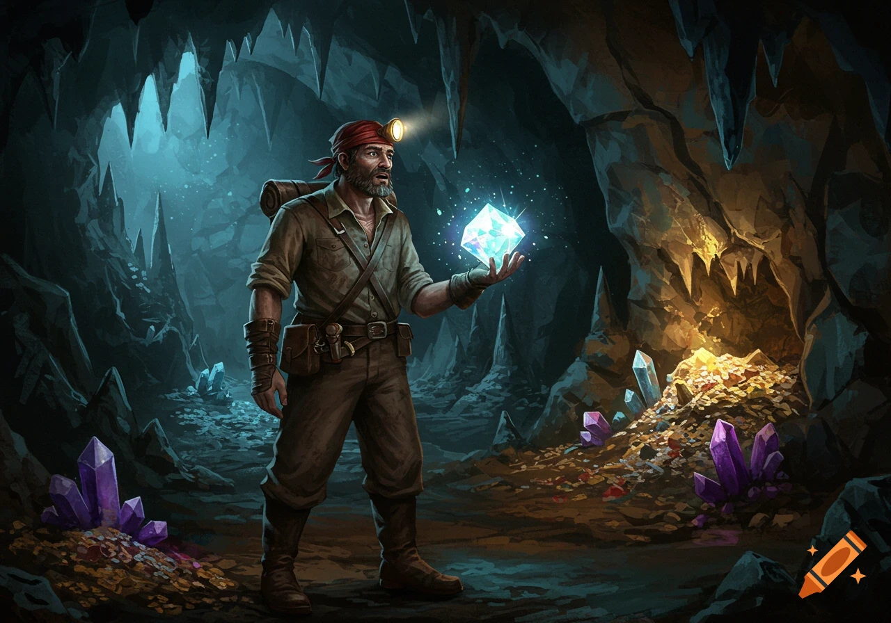 An illustrated miner with a headlamp stands in a glowing cave, holding a shimmering blue crystal and surrounded by gold and gems.