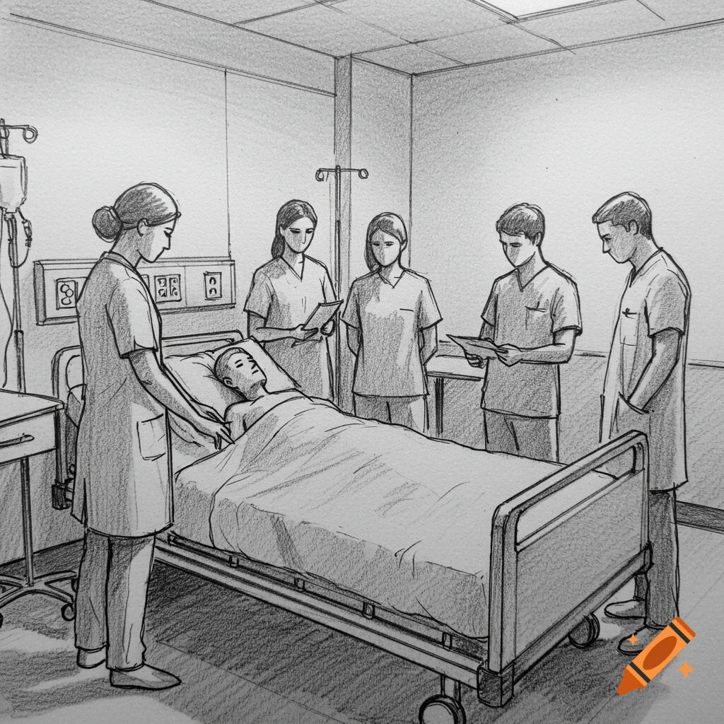 A medical team gathers around a patient in a hospital bed, depicted in a monochrome pencil drawing.